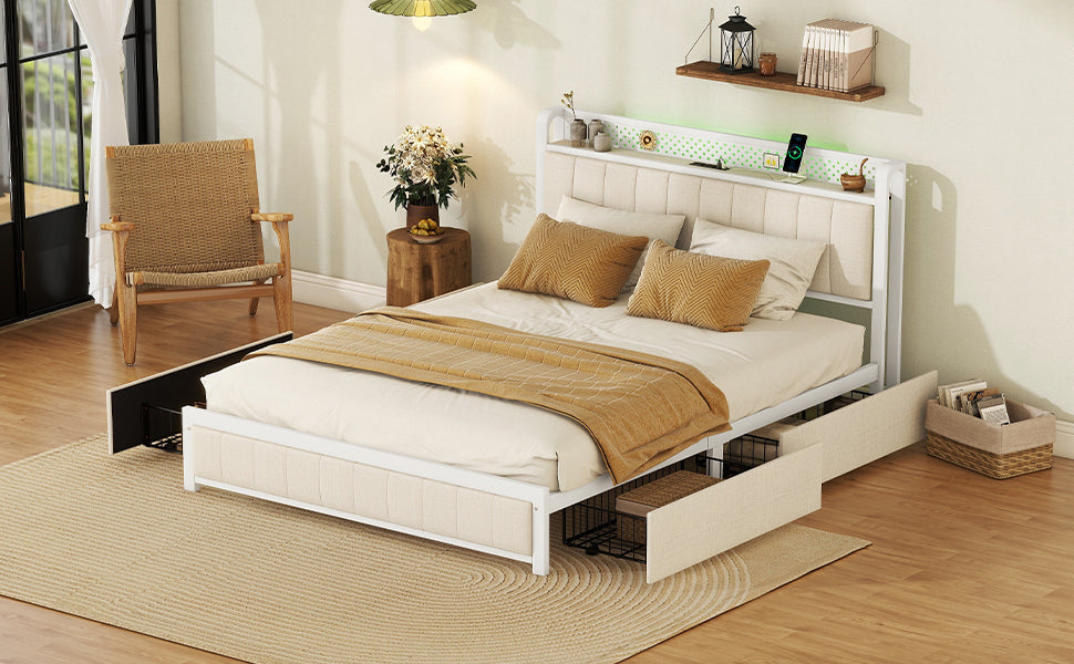 Queen Bed Frame With Led Headboard, Upholstered Bed With 4 Storage Drawers And Usb Ports, Beige Queen Beige Linen
