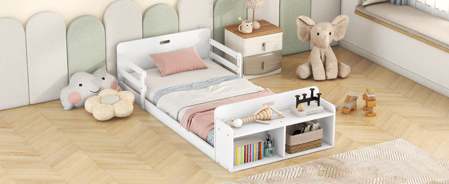 Twin Size Floor Bed With Storage Footboard And Guardrail, White Box Spring Not Required Twin White Wood Bedroom Bed Frame Solid Wood Mdf