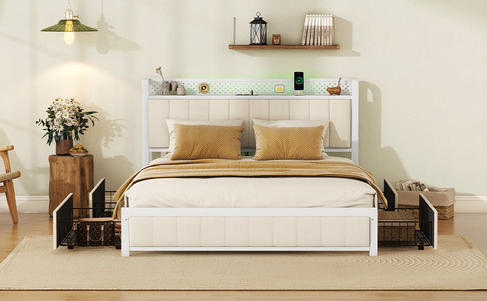 Queen Bed Frame With Led Headboard, Upholstered Bed With 4 Storage Drawers And Usb Ports, Beige Queen Beige Linen
