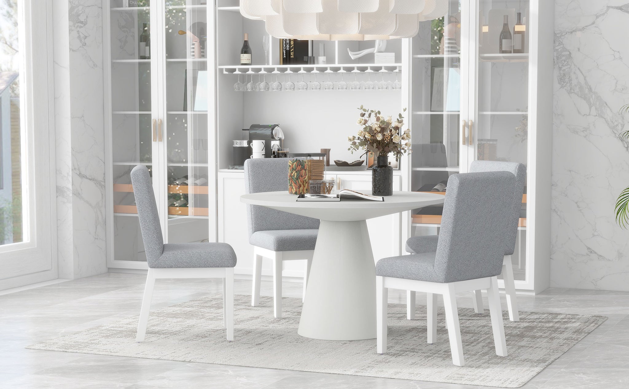 5 Piece Dining Set Retro Round Table With 4 Upholstered Chairs For Living Room, Dining Room Creamy White Cream White Rubber Wood