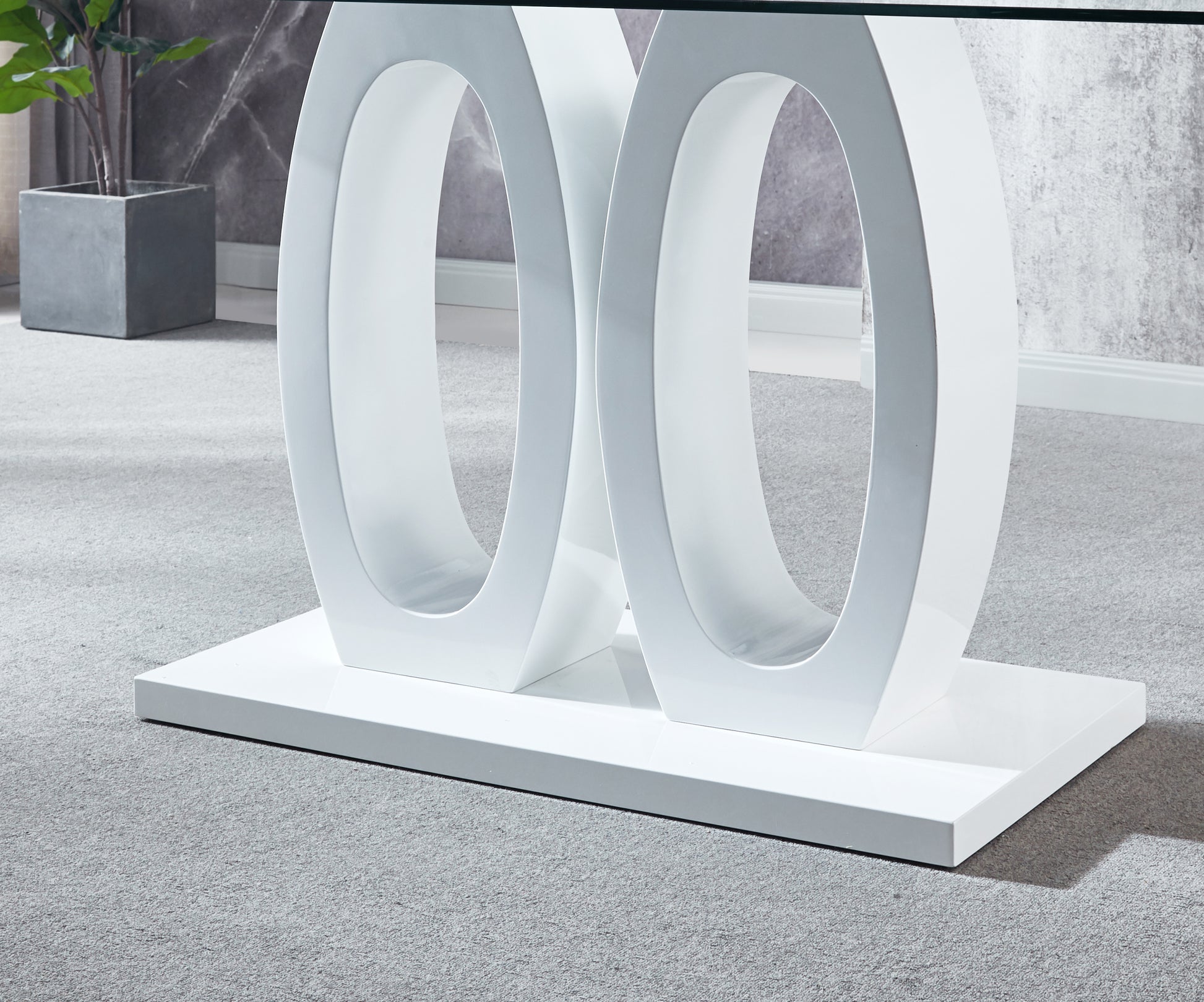 Contemporary Double Pedestal Dining Table, Tempered Glass Top With Mdf Base White Tempered Glass