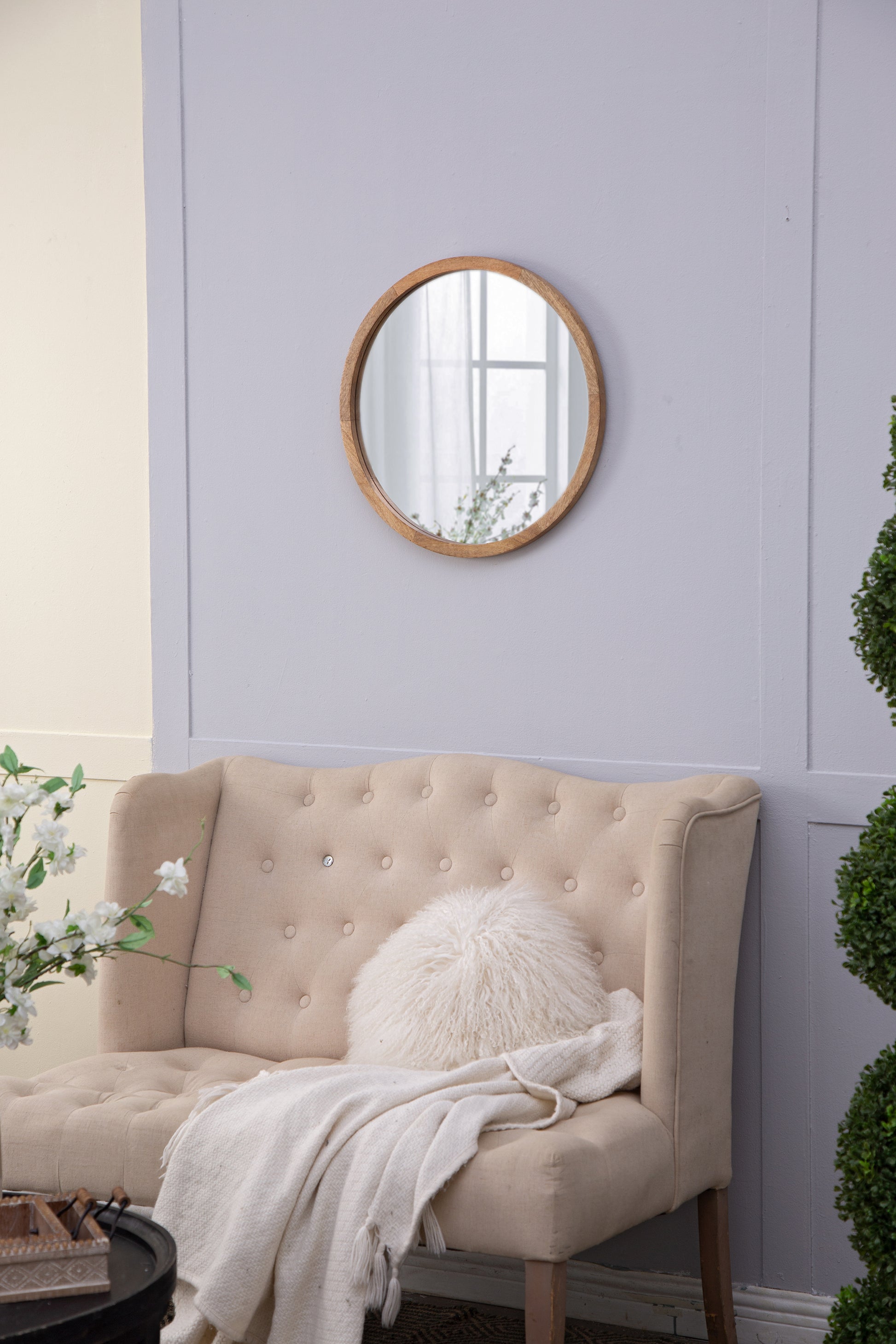 20" X 20" Circle Wall Mirror With Wooden Frame, Wall Mirror For Living Room, Dining Room, Foyer, Bathroom, Office Brown Wood Glass
