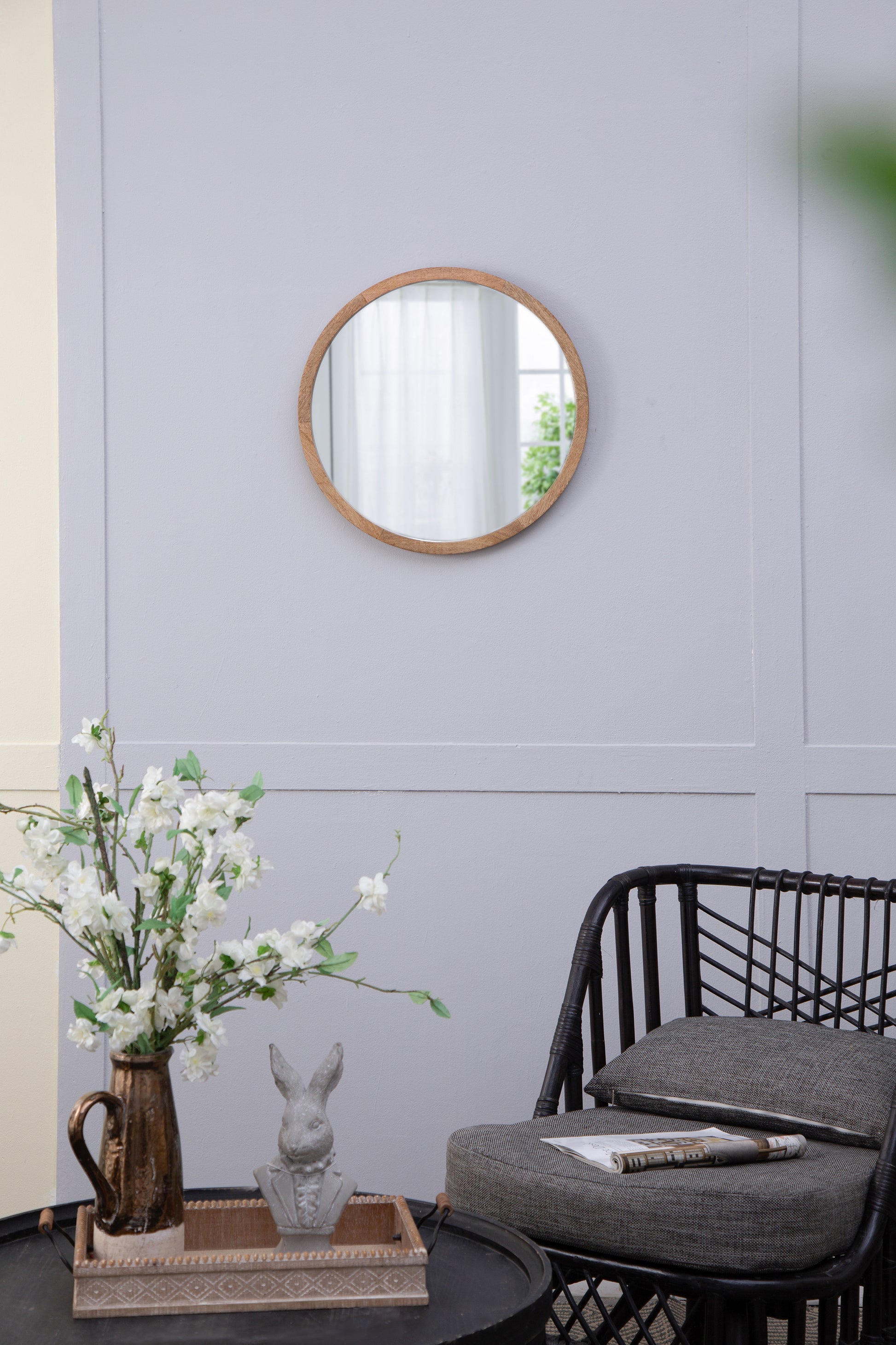 20" X 20" Circle Wall Mirror With Wooden Frame, Wall Mirror For Living Room, Dining Room, Foyer, Bathroom, Office Brown Wood Glass