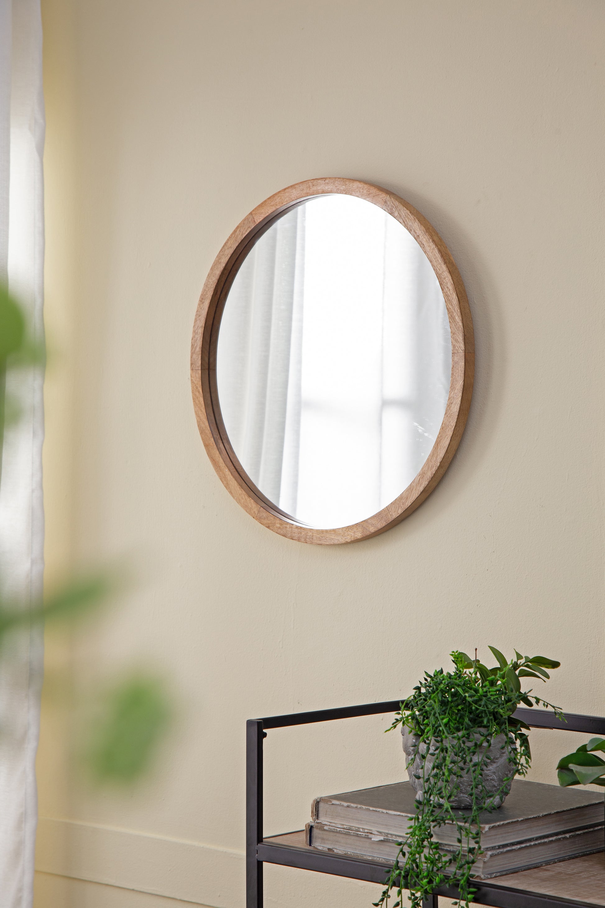 20" X 20" Circle Wall Mirror With Wooden Frame, Wall Mirror For Living Room, Dining Room, Foyer, Bathroom, Office Brown Wood Glass