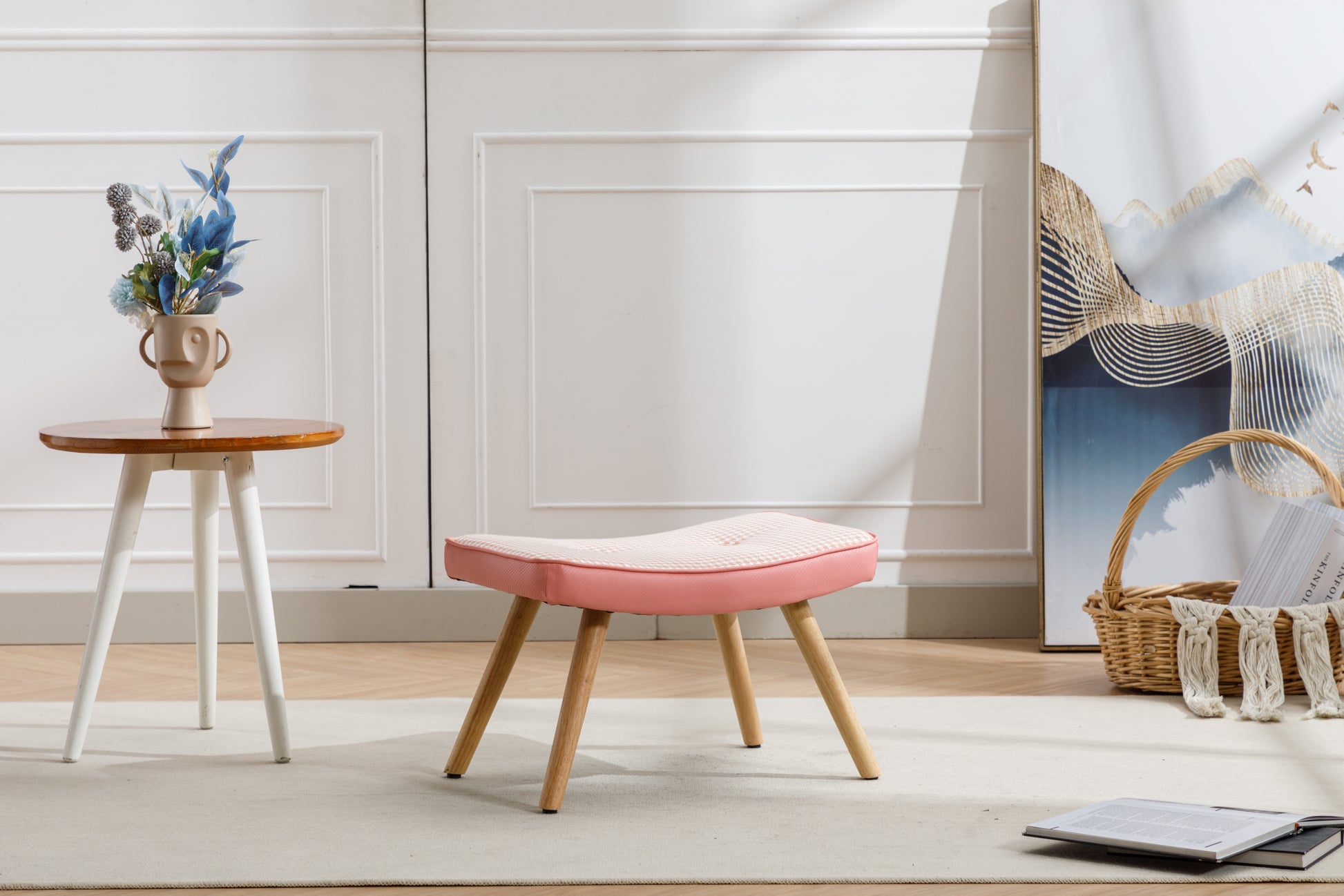 Wooden Step Ottoman,Wooden Step Stool For Adults,Square Cushion Foot Stool,Small Stool With Non Slip Pad,Wood Stool Suitable For Bedroom, Living Room And Kitchen Pink Pink Foam Linen