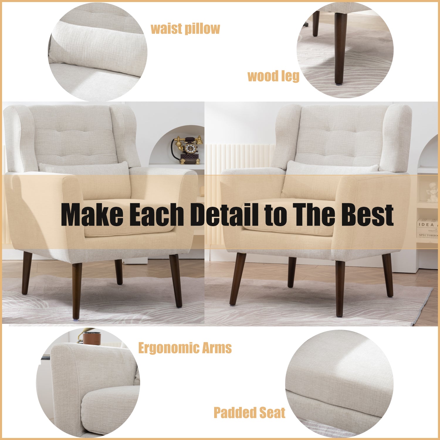 Modern Accent Chair Upholstered Foam Filled Living Room Chairs Comfy Reading Chair Mid Century Modern Chair With Chenille Fabric Lounge Arm Chairs Armchair For Living Room Bedroom Beige Beige Light Brown Primary Living Space Modern Rubberwood Foam