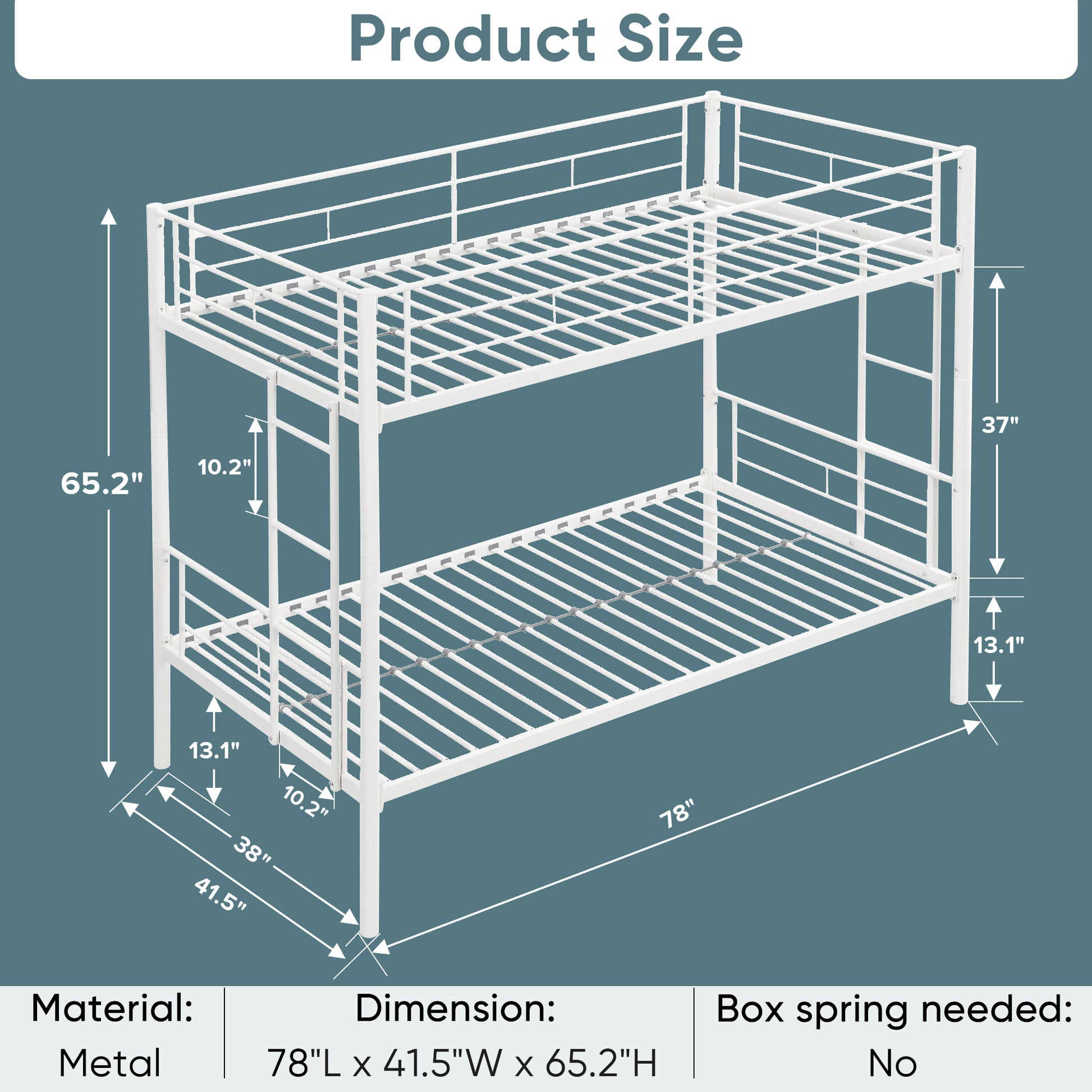 Twin Over Twin Metal Bunk Bed,Metal Structure Bedframe With Safety Guardrails And 2 Ladders,Convertible Bunkbeds,No Spring Box Required And Space Saving Design,White Box Spring Not Required Twin