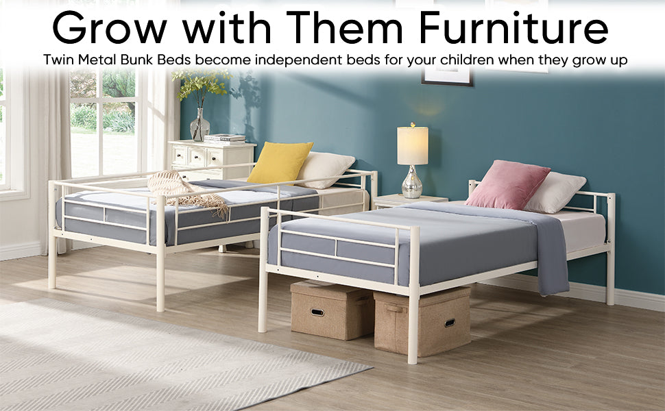 Twin Over Twin Metal Bunk Bed,Metal Structure Bedframe With Safety Guardrails And 2 Ladders,Convertible Bunkbeds,No Spring Box Required And Space Saving Design,White Box Spring Not Required Twin