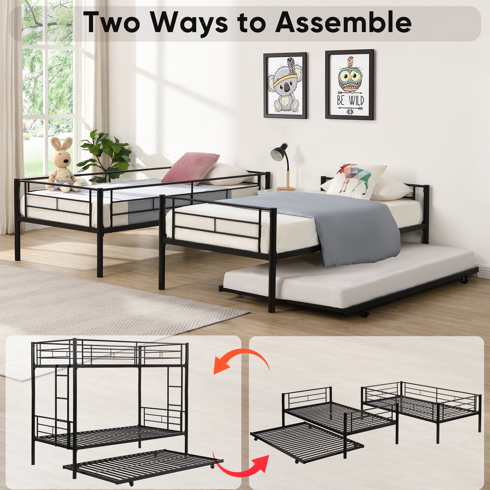 Over Twin Bunk Bed Frame With Trundle,Metal Bunkbed With Sturdy Guard Rail And 2 Sideladders For Kids Adults,Can Be Divided Into Two Beds, No Box Spring Needed, Noise Free For Dorm,Black Box Spring