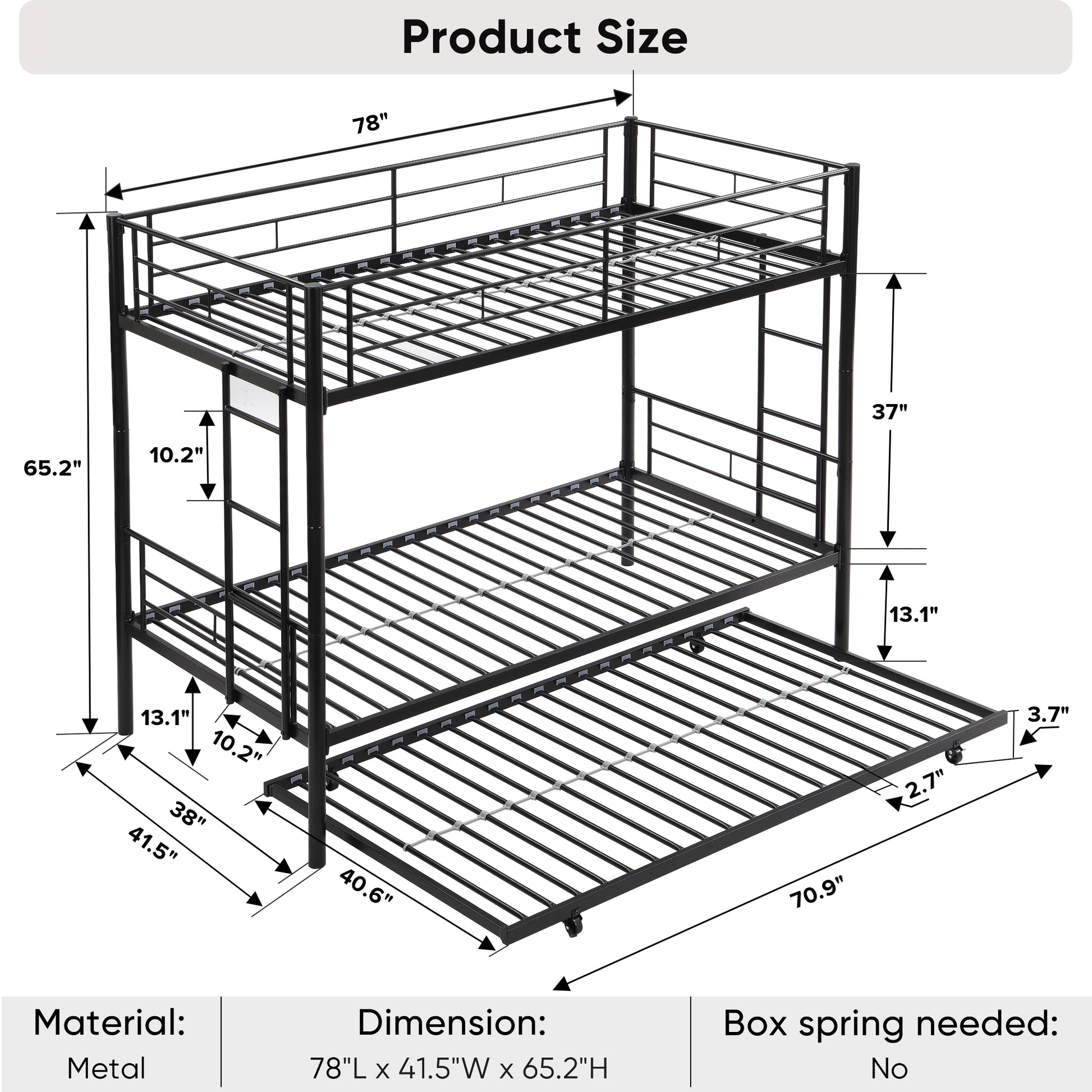Over Twin Bunk Bed Frame With Trundle,Metal Bunkbed With Sturdy Guard Rail And 2 Sideladders For Kids Adults,Can Be Divided Into Two Beds, No Box Spring Needed, Noise Free For Dorm,Black Box Spring