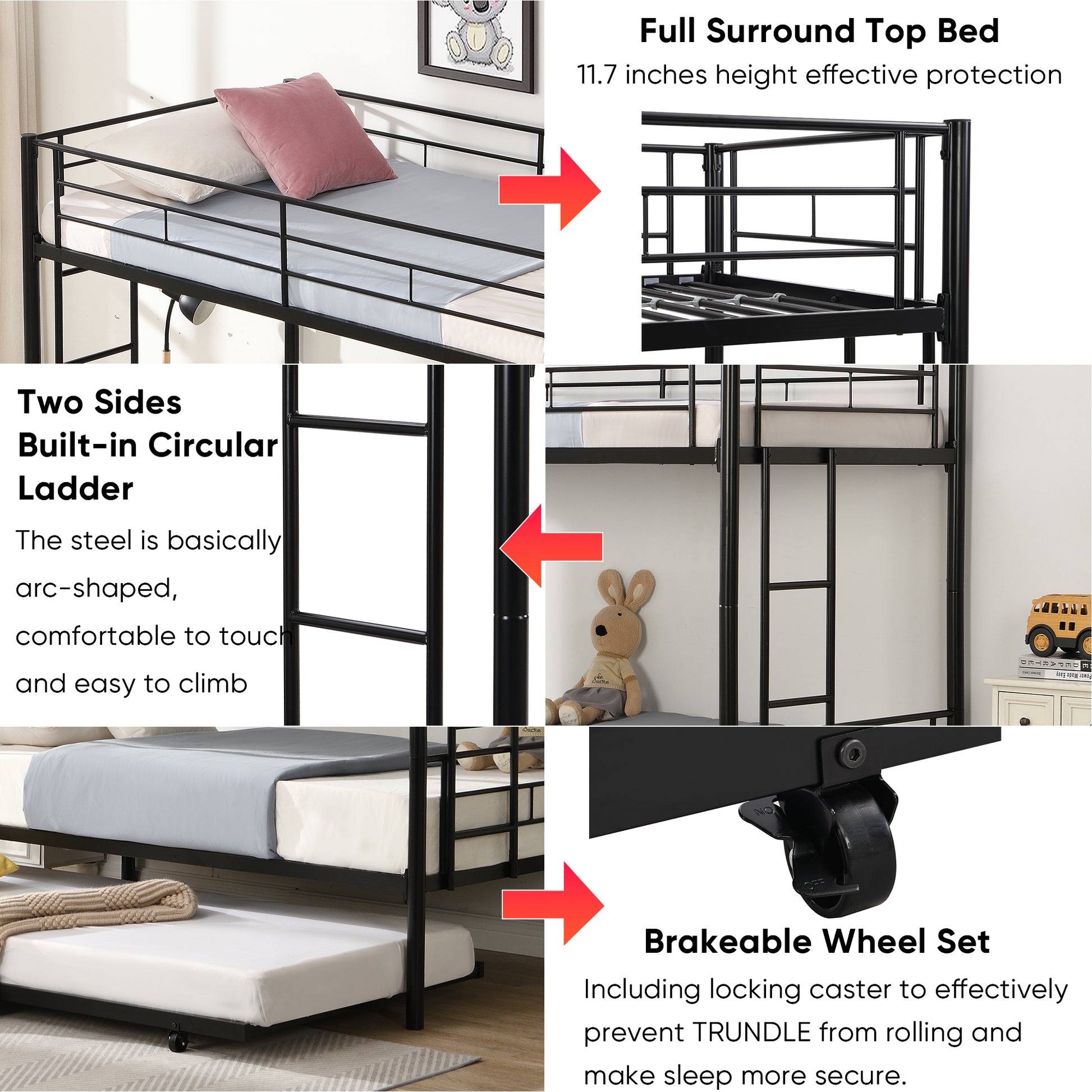Over Twin Bunk Bed Frame With Trundle,Metal Bunkbed With Sturdy Guard Rail And 2 Sideladders For Kids Adults,Can Be Divided Into Two Beds, No Box Spring Needed, Noise Free For Dorm,Black Box Spring