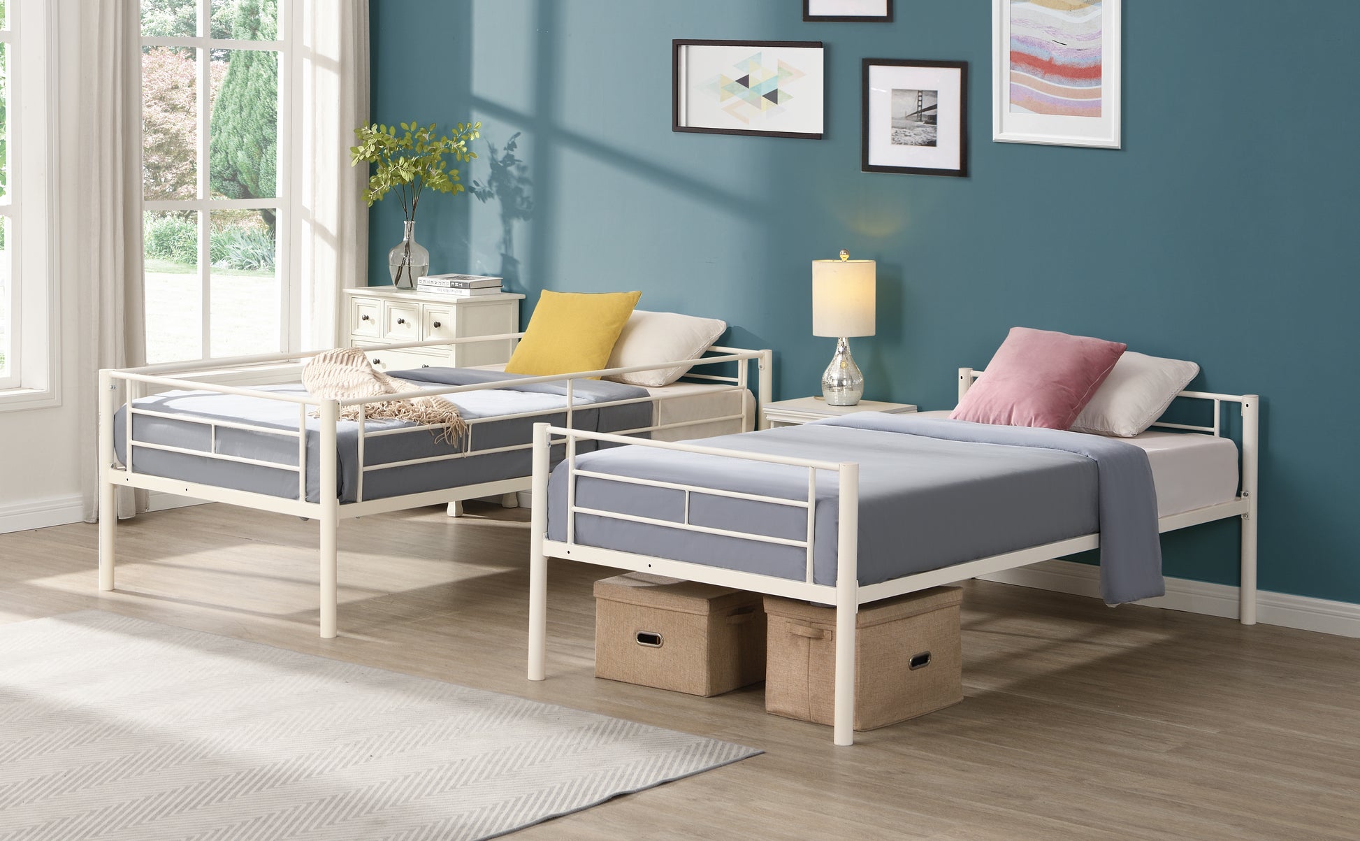 Twin Over Twin Metal Bunk Bed,Metal Structure Bedframe With Safety Guardrails And 2 Ladders,Convertible Bunkbeds,No Spring Box Required And Space Saving Design,White Box Spring Not Required Twin