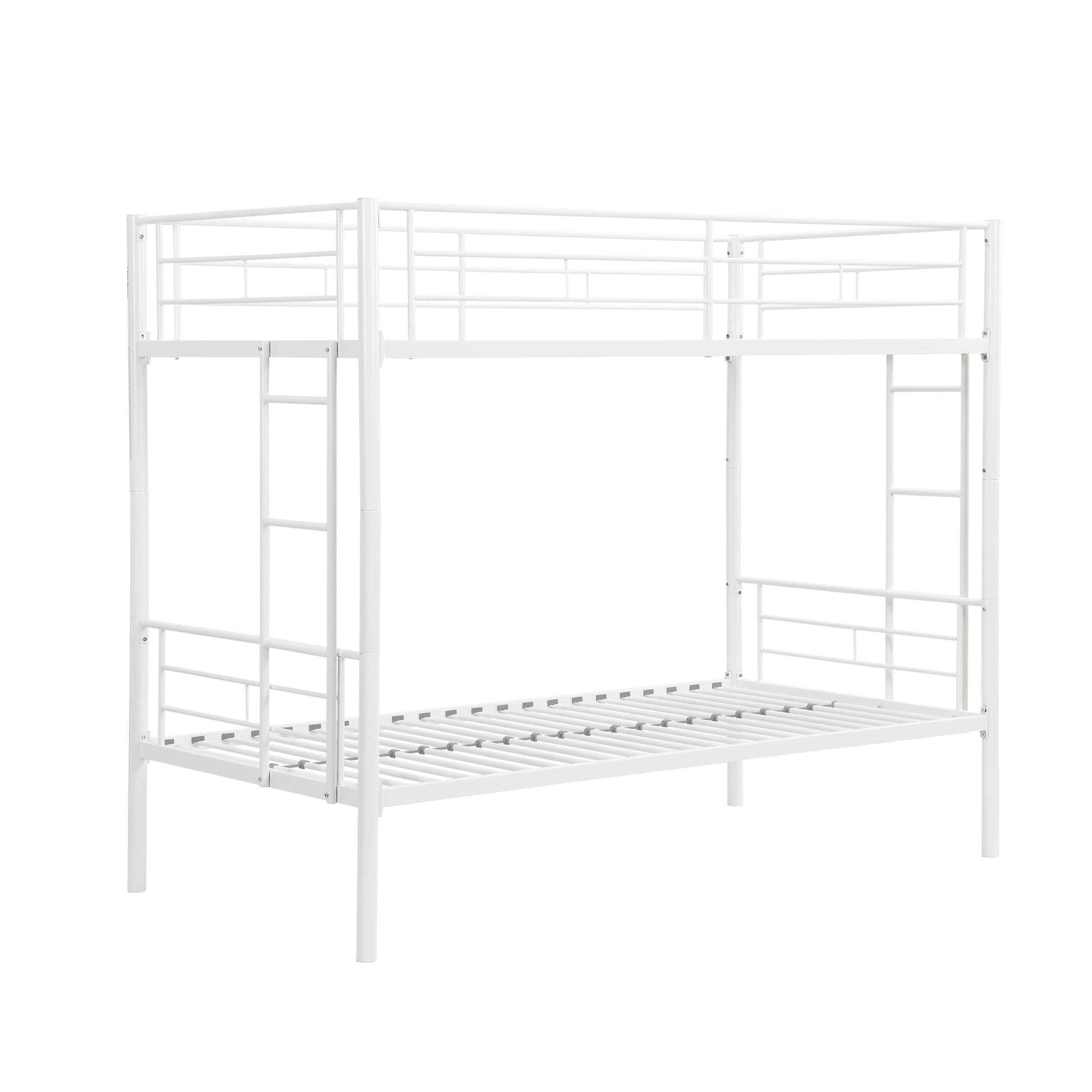 Twin Over Twin Metal Bunk Bed,Metal Structure Bedframe With Safety Guardrails And 2 Ladders,Convertible Bunkbeds,No Spring Box Required And Space Saving Design,White Box Spring Not Required Twin