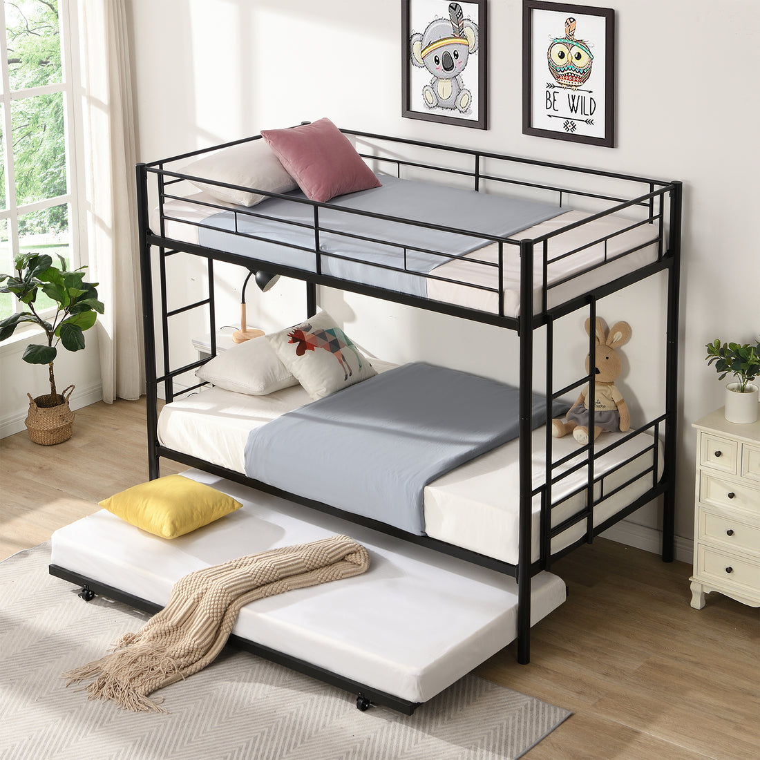 Over Twin Bunk Bed Frame With Trundle,Metal Bunkbed With Sturdy Guard Rail And 2 Sideladders For Kids Adults,Can Be Divided Into Two Beds, No Box Spring Needed, Noise Free For Dorm,Black Box Spring