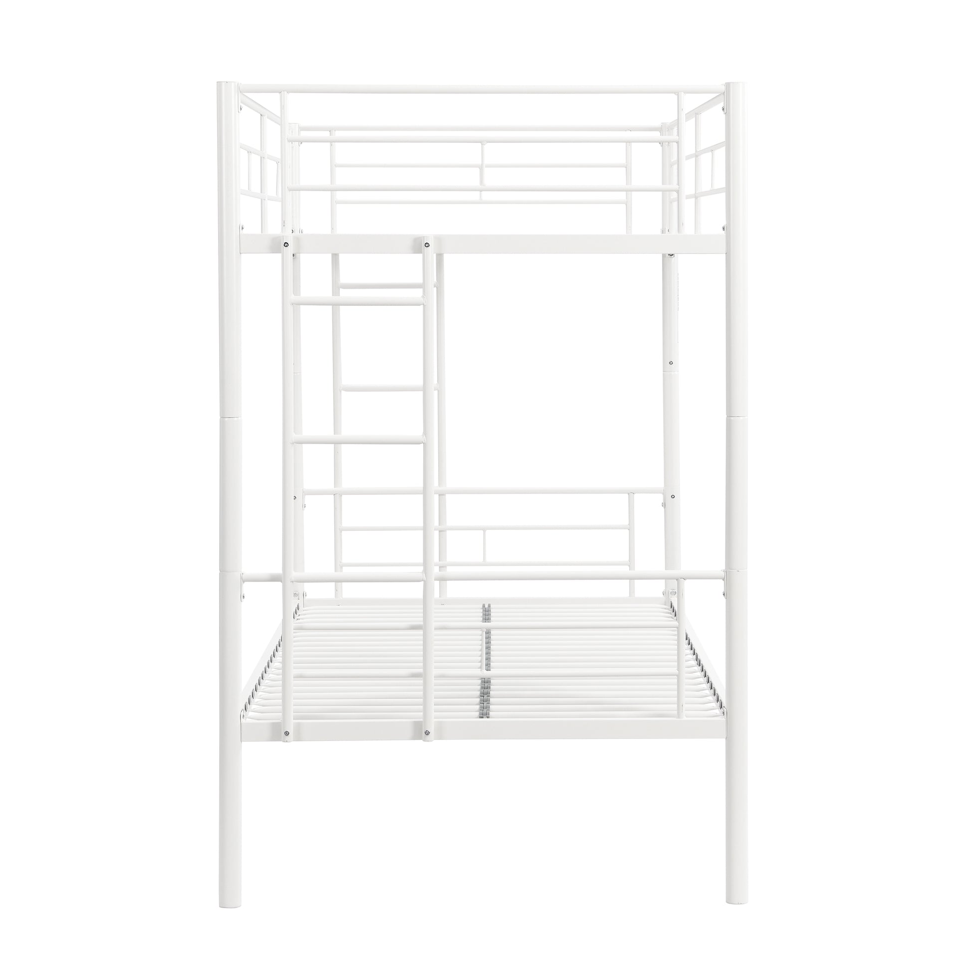 Twin Over Twin Metal Bunk Bed,Metal Structure Bedframe With Safety Guardrails And 2 Ladders,Convertible Bunkbeds,No Spring Box Required And Space Saving Design,White Box Spring Not Required Twin