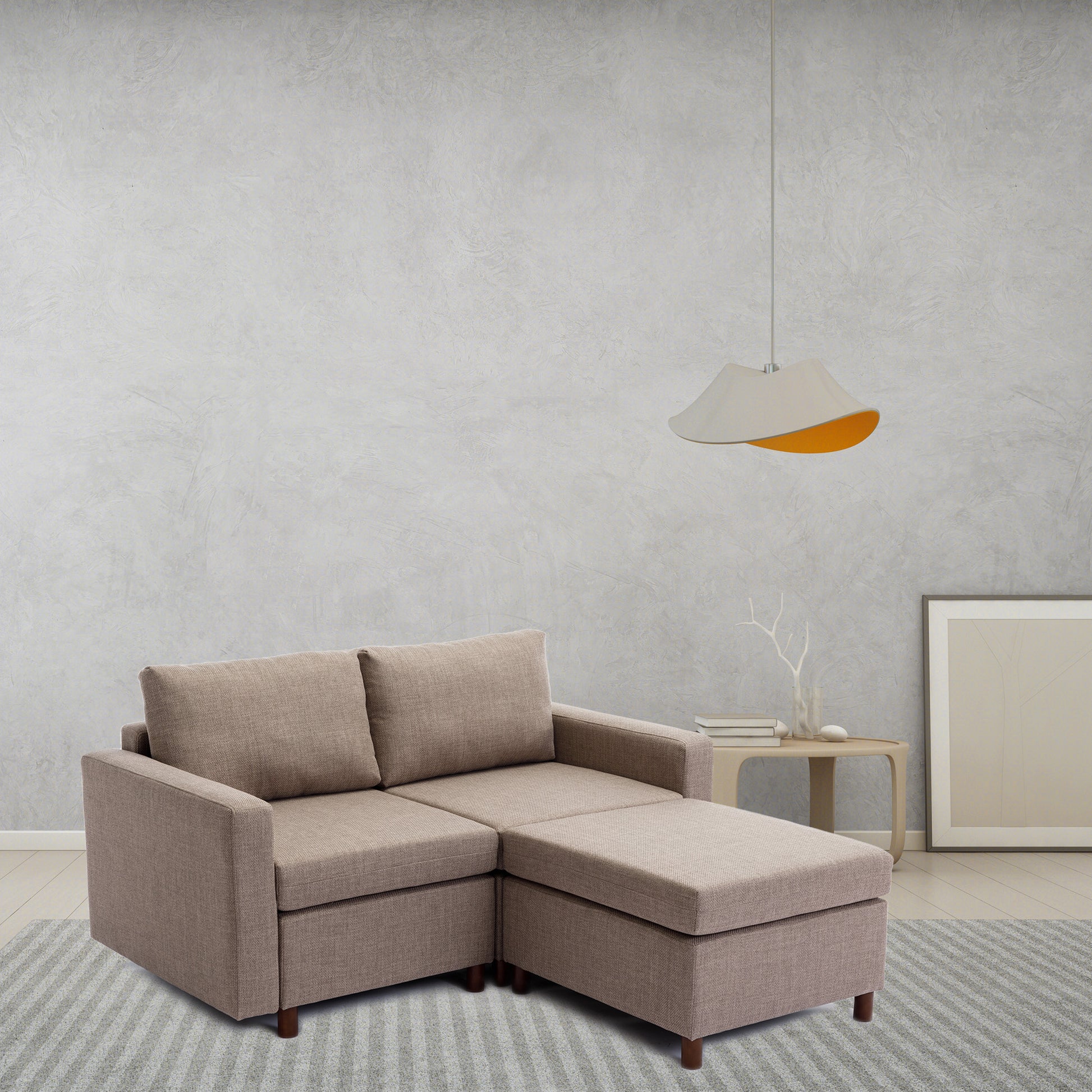 2 Seat Module Sectional Sofa Couch With 1 Ottoman For Living Room,Seat Cushion And Back Cushion Non Removable And Non Washable,Brown Brown Wood Primary Living Space Soft Modern Rubberwood Foam Linen 2 Seat