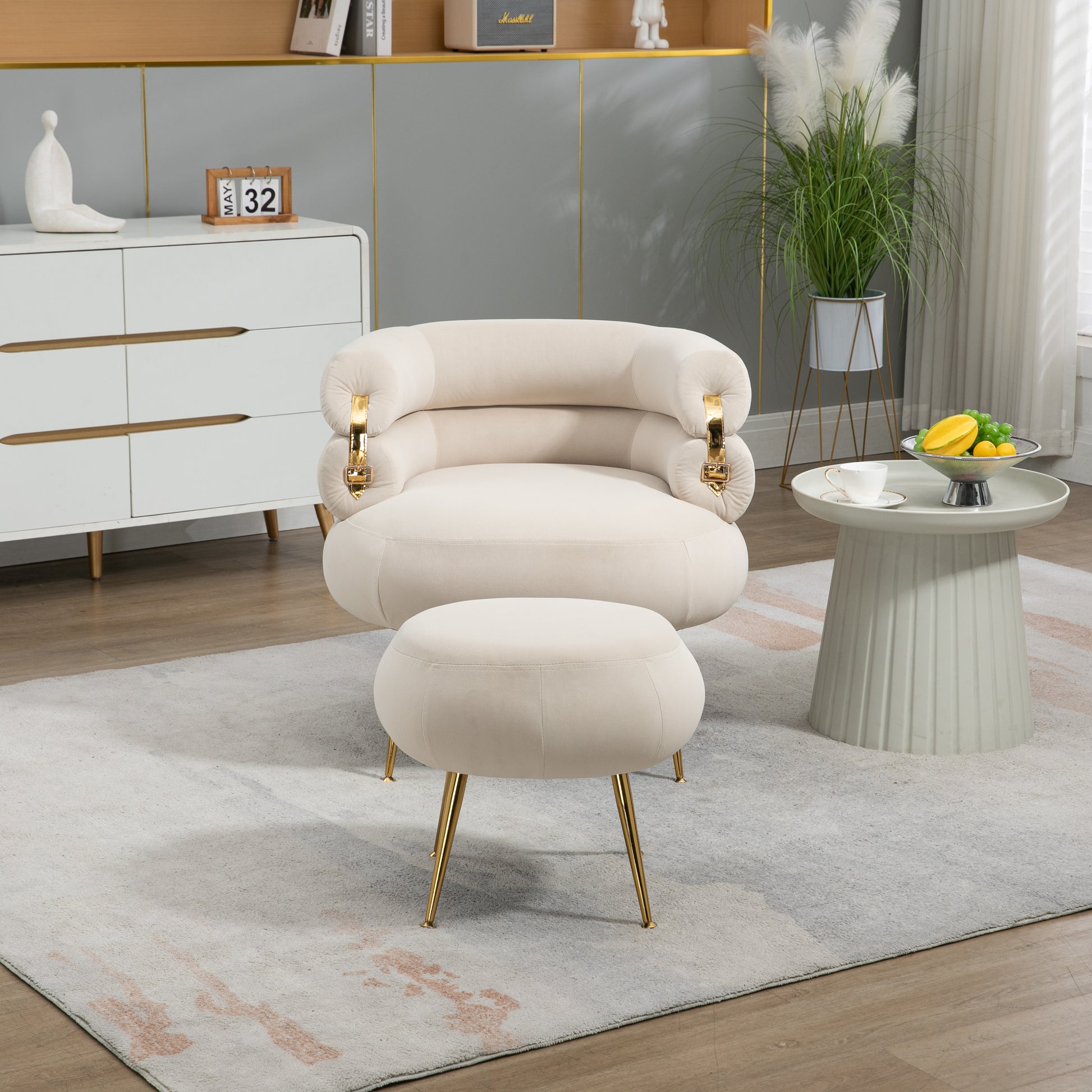 Coolmore Upholstered Velvet Barrel Accent Chair With Ottoman,Accent Comfy Lounge Arm Chair And Folding Footrest Stool Set,Single Sofa Armchair With Lounge Seat For Bedroom,Office Beige Beige Foam Velvet