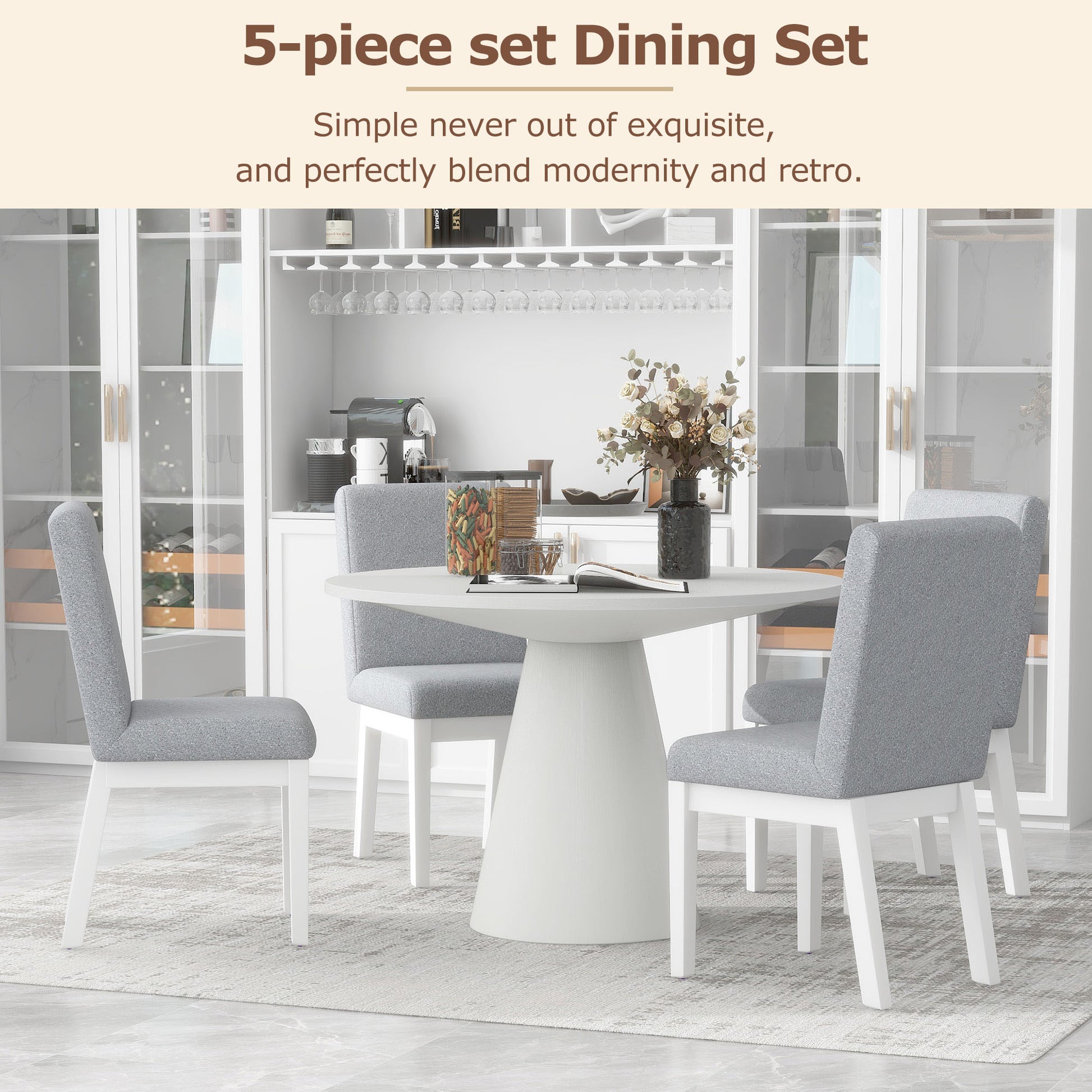 5 Piece Dining Set Retro Round Table With 4 Upholstered Chairs For Living Room, Dining Room Creamy White Cream White Rubber Wood