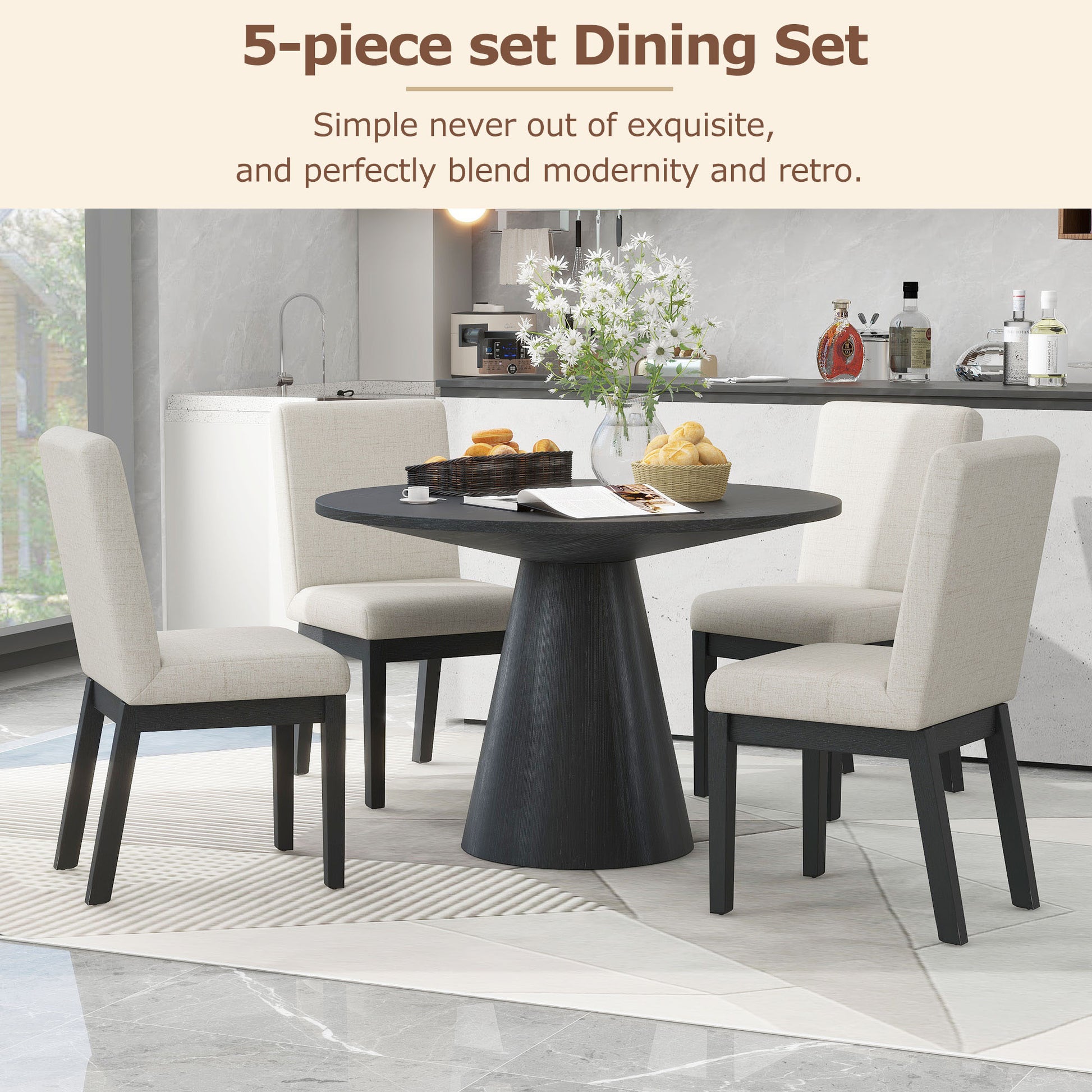 5 Piece Dining Set Retro Round Table With 4 Upholstered Chairs For Living Room, Dining Room Black Black Rubber Wood
