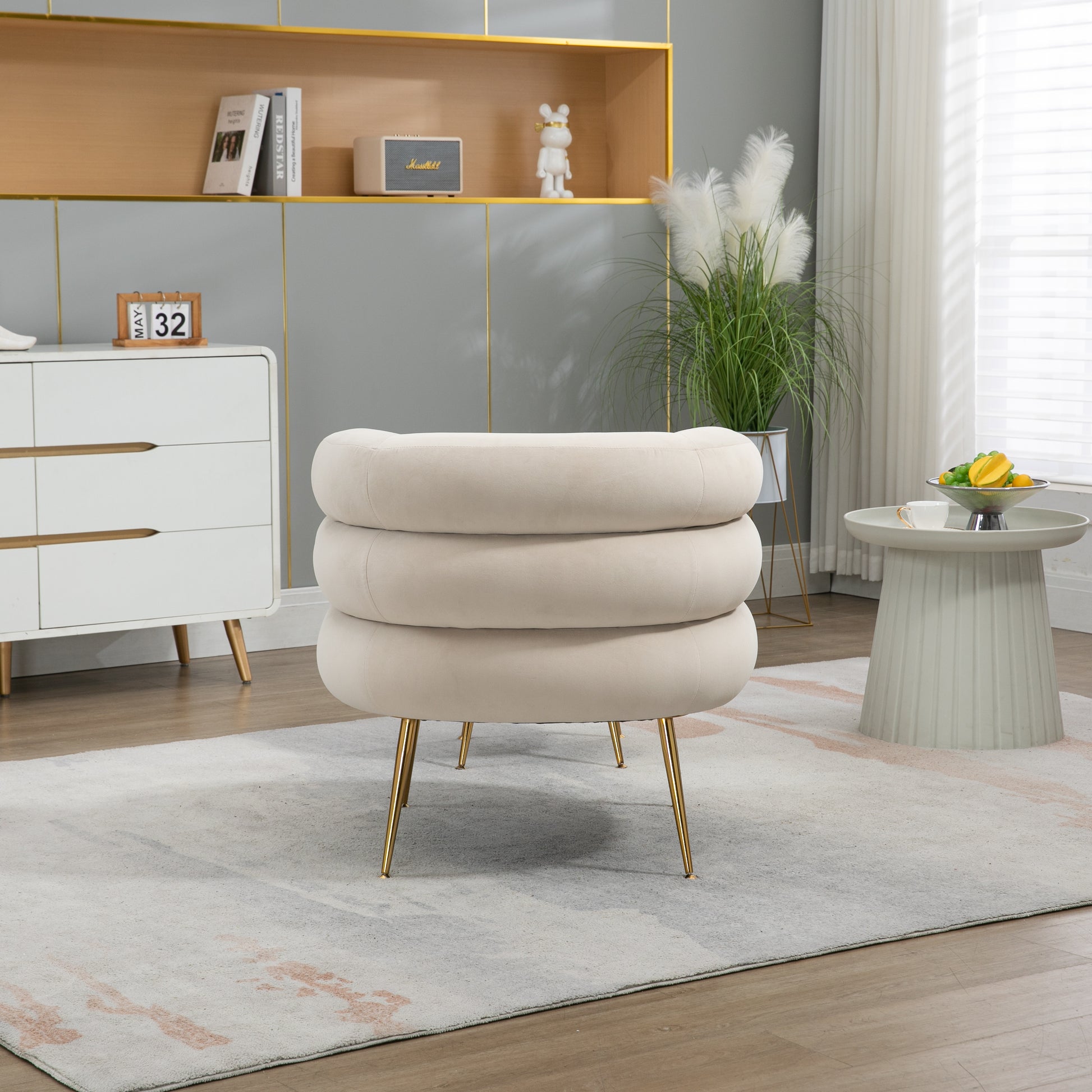 Coolmore Upholstered Velvet Barrel Accent Chair With Ottoman,Accent Comfy Lounge Arm Chair And Folding Footrest Stool Set,Single Sofa Armchair With Lounge Seat For Bedroom,Office Beige Beige Foam Velvet