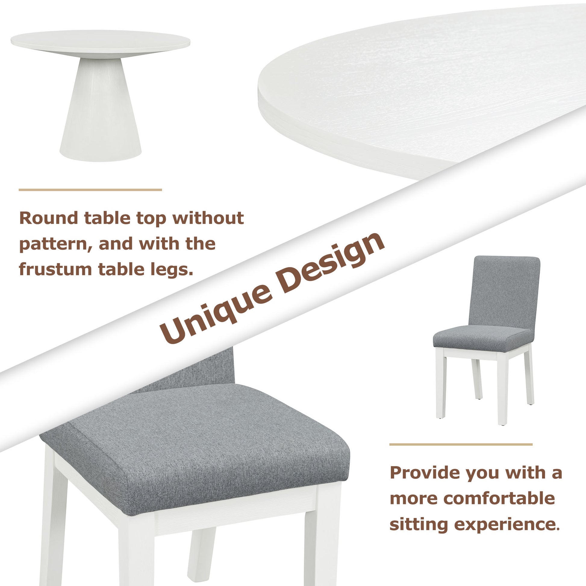 5 Piece Dining Set Retro Round Table With 4 Upholstered Chairs For Living Room, Dining Room Creamy White Cream White Rubber Wood