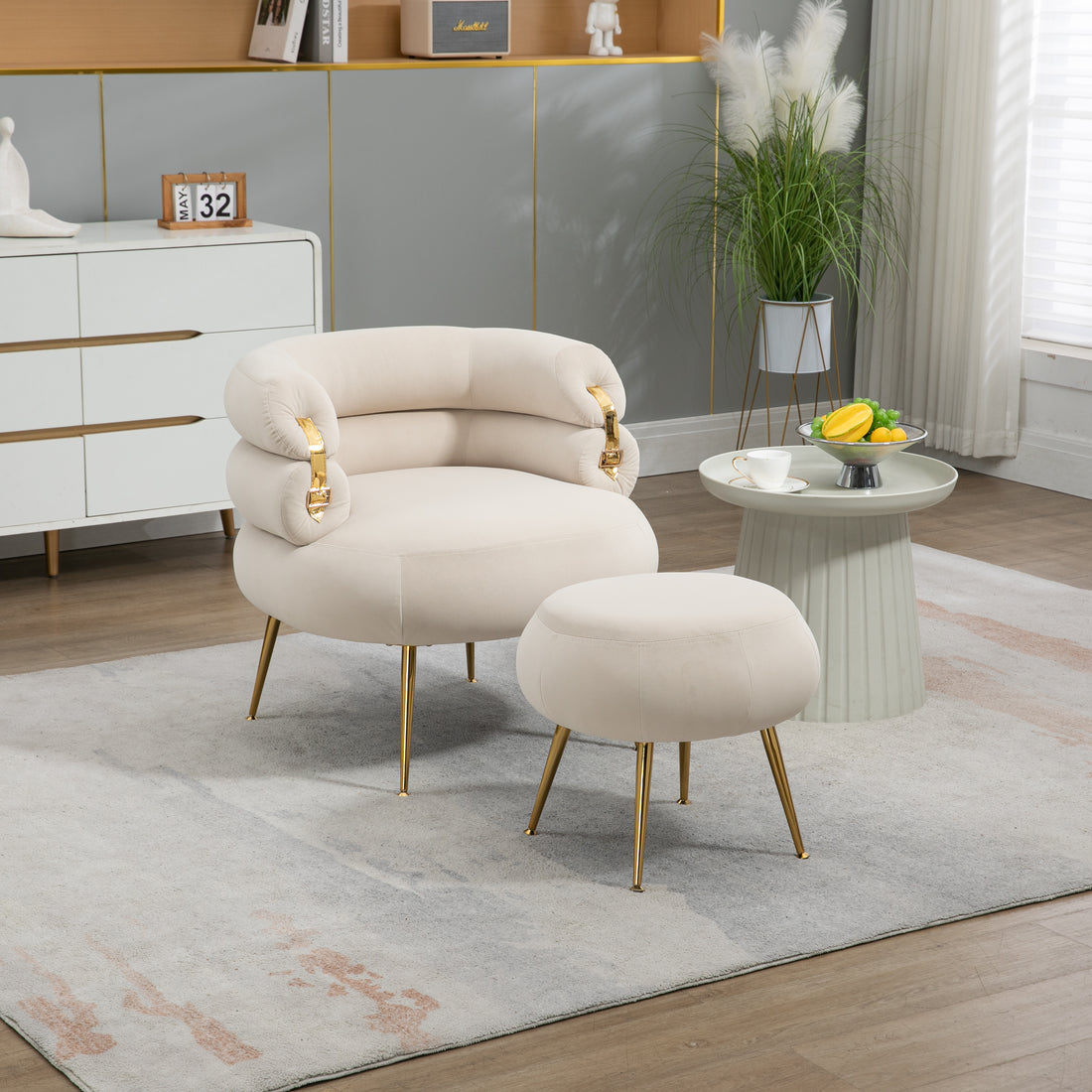 Coolmore Upholstered Velvet Barrel Accent Chair With Ottoman,Accent Comfy Lounge Arm Chair And Folding Footrest Stool Set,Single Sofa Armchair With Lounge Seat For Bedroom,Office Beige Beige Foam Velvet