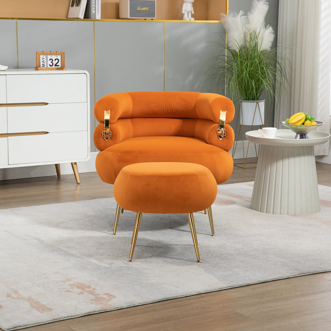 Coolmore Upholstered Velvet Barrel Accent Chair With Ottoman,Accent Comfy Lounge Arm Chair And Folding Footrest Stool Set,Single Sofa Armchair With Lounge Seat For Bedroom,Office Orange Orange Foam Velvet