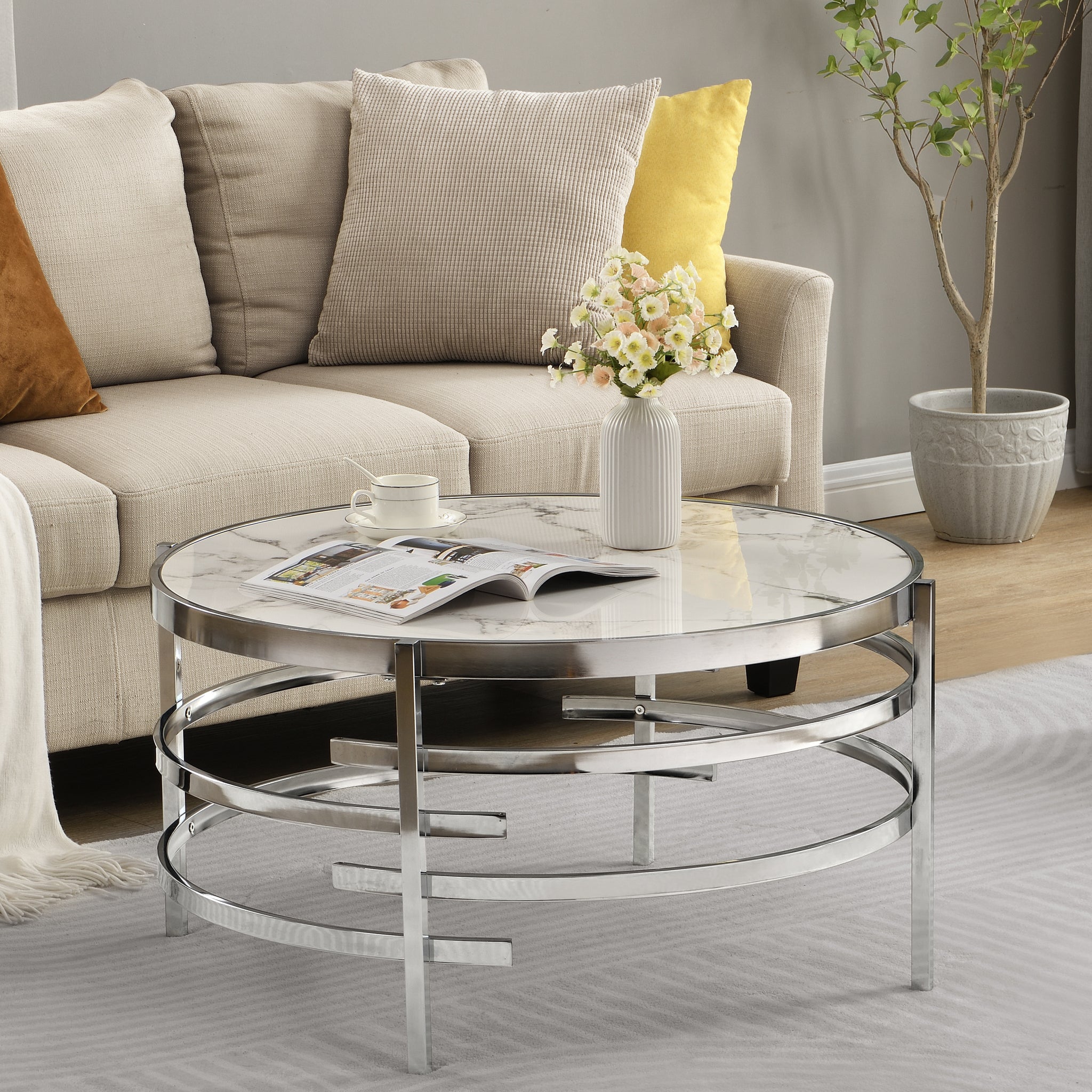 32.48'' Chrome Round Coffee Table With Sintered Stone Top&Sturdy Metal Frame, Modern Coffee Table For Living Room, Silver Silver Iron