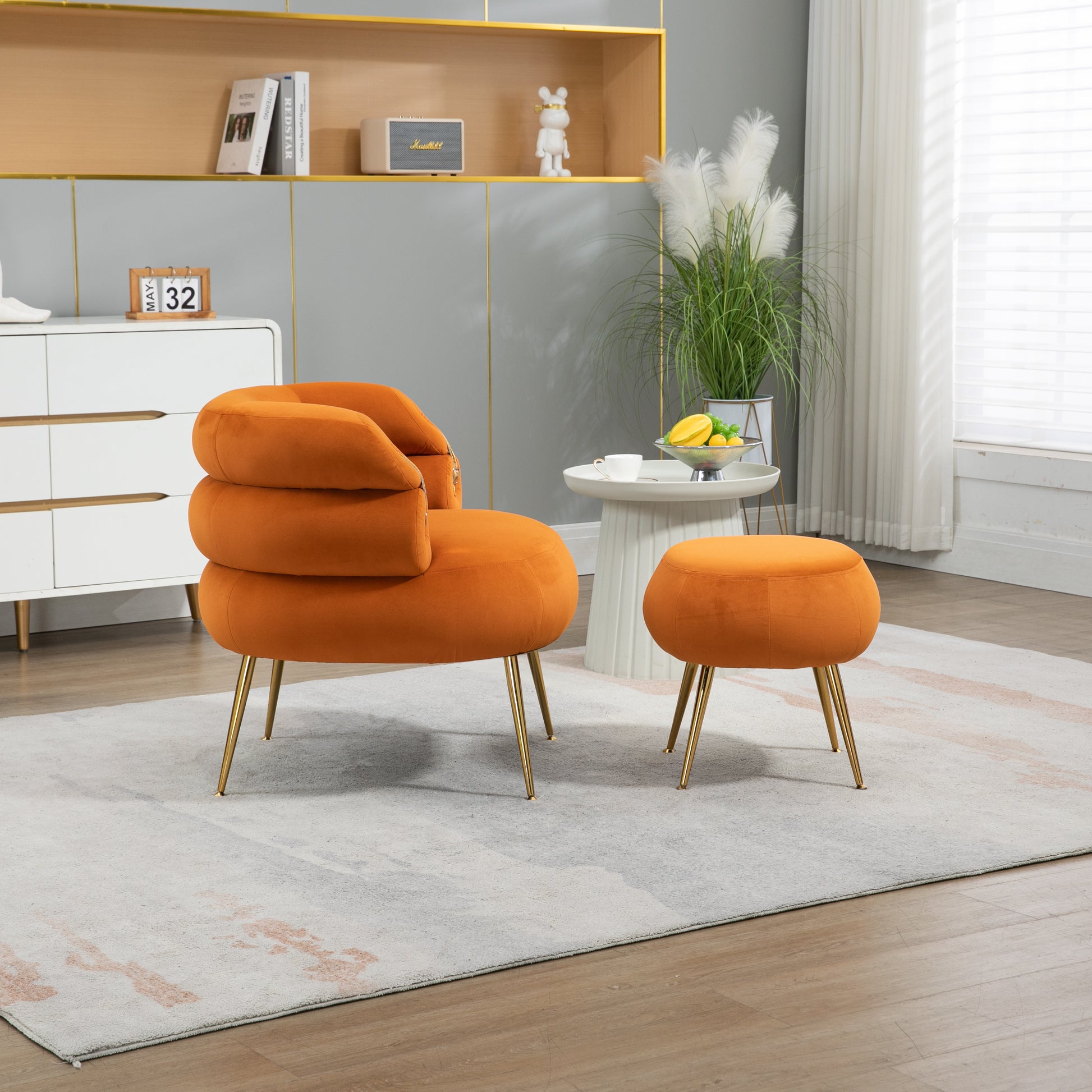 Coolmore Upholstered Velvet Barrel Accent Chair With Ottoman,Accent Comfy Lounge Arm Chair And Folding Footrest Stool Set,Single Sofa Armchair With Lounge Seat For Bedroom,Office Orange Orange Foam Velvet