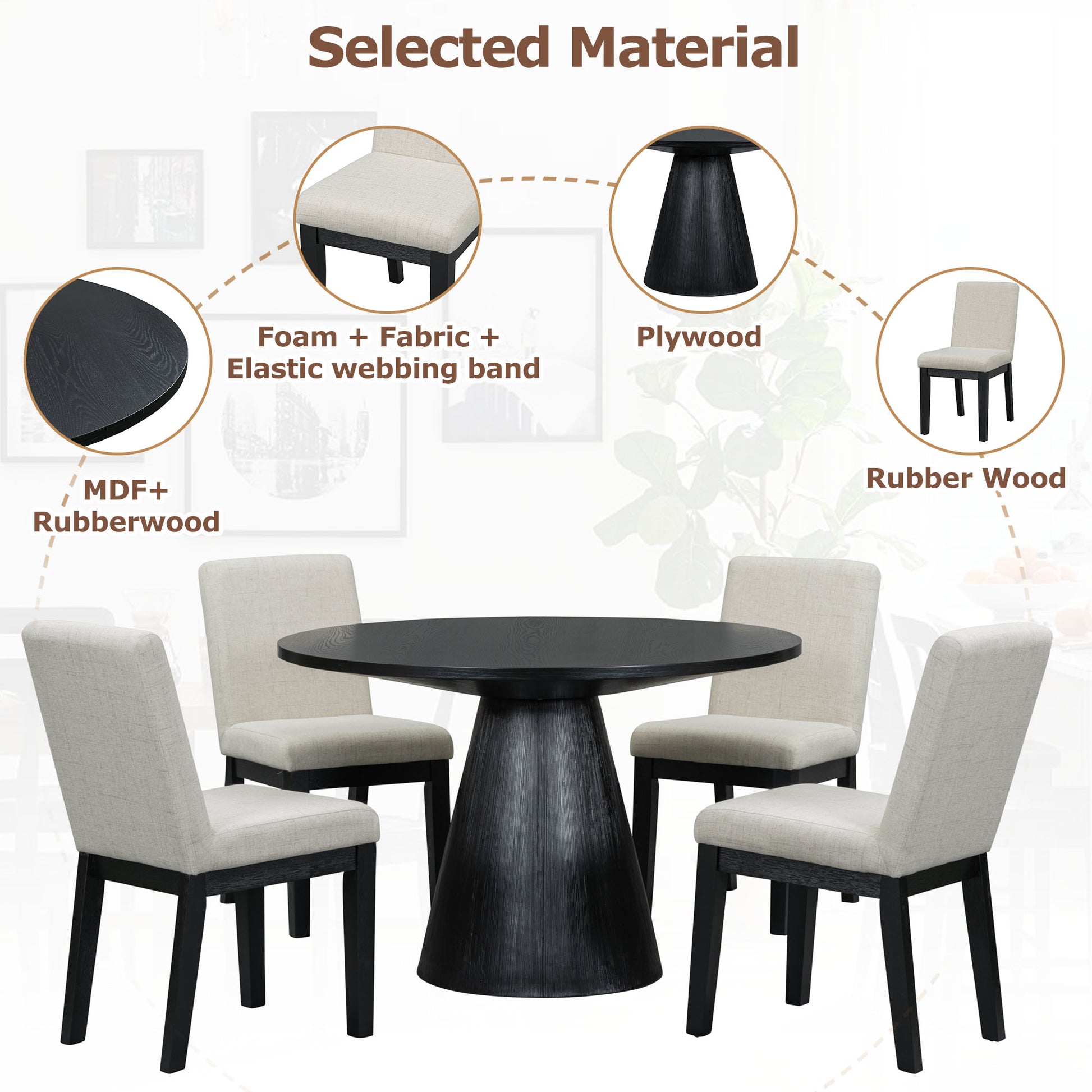 5 Piece Dining Set Retro Round Table With 4 Upholstered Chairs For Living Room, Dining Room Black Black Rubber Wood