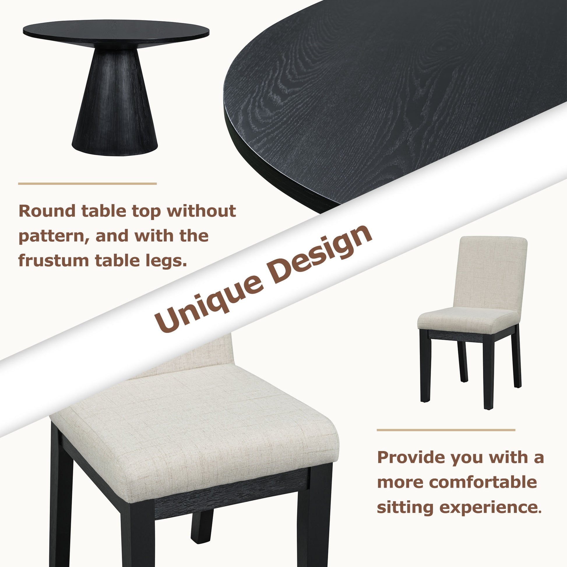 5 Piece Dining Set Retro Round Table With 4 Upholstered Chairs For Living Room, Dining Room Black Black Rubber Wood