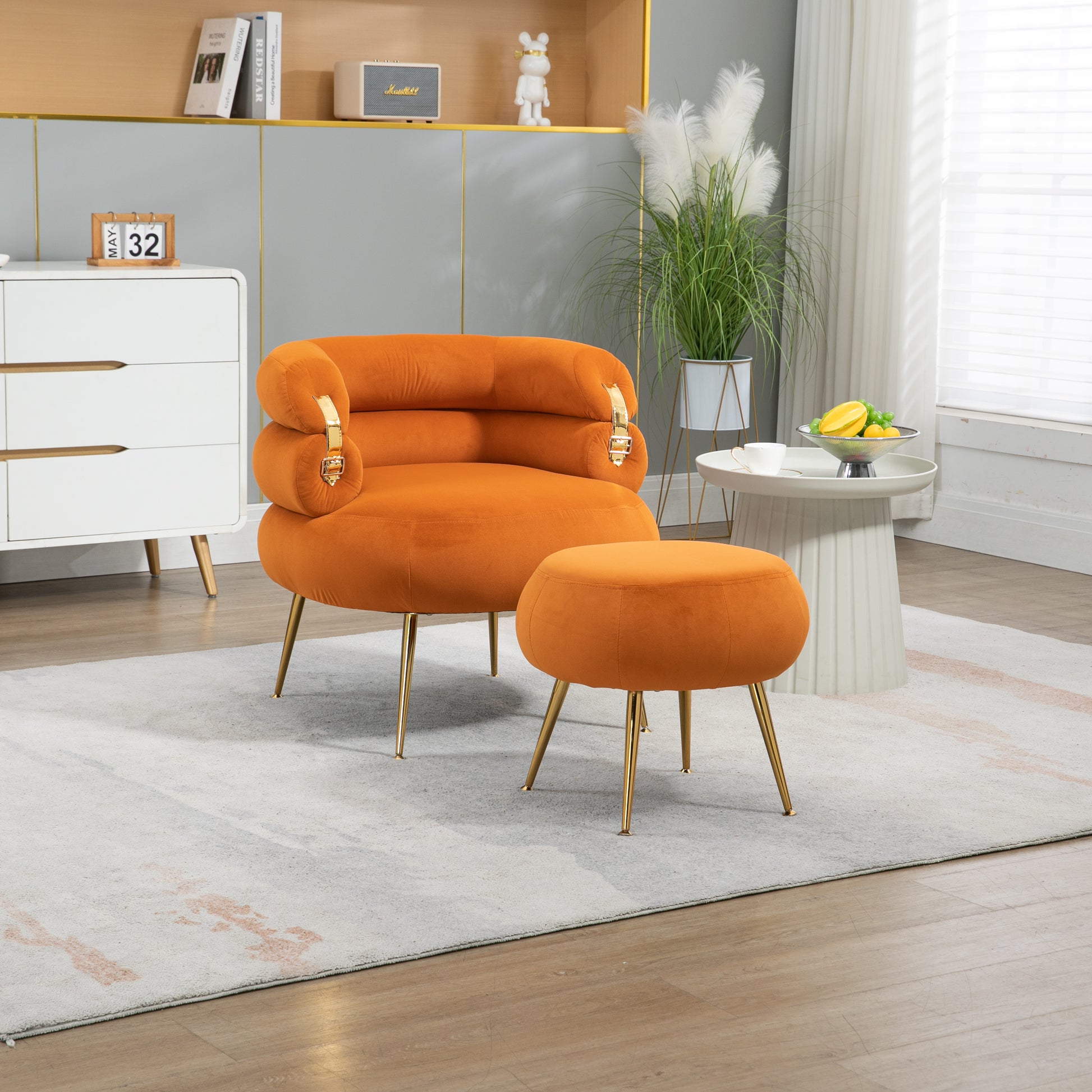 Coolmore Upholstered Velvet Barrel Accent Chair With Ottoman,Accent Comfy Lounge Arm Chair And Folding Footrest Stool Set,Single Sofa Armchair With Lounge Seat For Bedroom,Office Orange Orange Foam Velvet