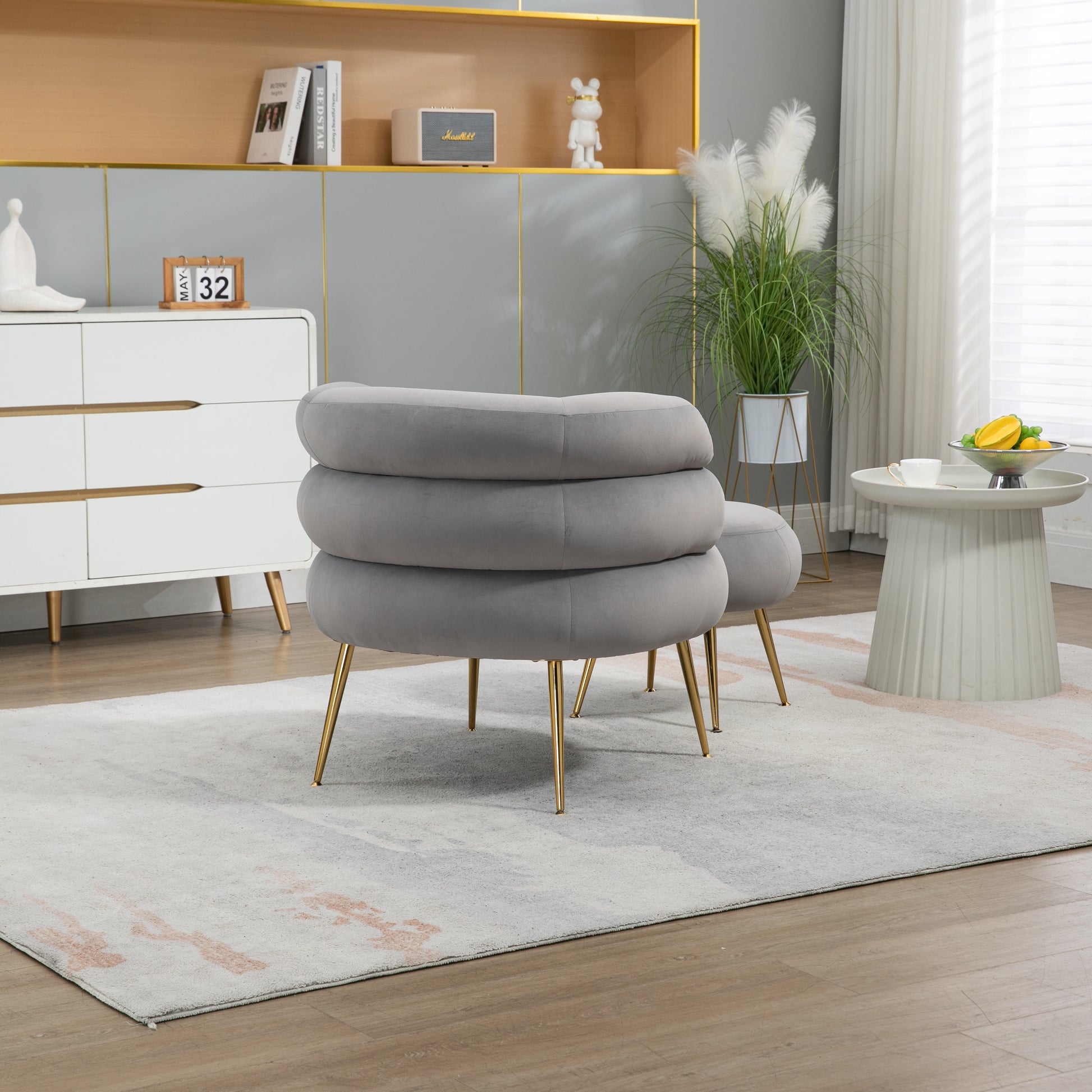 Coolmore Upholstered Velvet Barrel Accent Chair With Ottoman,Accent Comfy Lounge Arm Chair And Folding Footrest Stool Set,Single Sofa Armchair With Lounge Seat For Bedroom,Office Gray Gray Foam Velvet