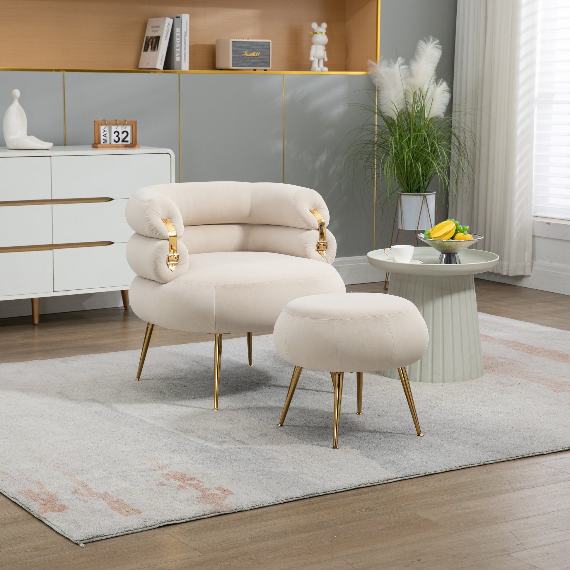 Coolmore Upholstered Velvet Barrel Accent Chair With Ottoman,Accent Comfy Lounge Arm Chair And Folding Footrest Stool Set,Single Sofa Armchair With Lounge Seat For Bedroom,Office Beige Beige Foam Velvet