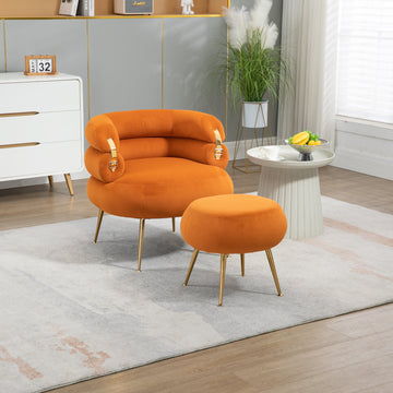Coolmore Upholstered Velvet Barrel Accent Chair With Ottoman,Accent Comfy Lounge Arm Chair And Folding Footrest Stool Set,Single Sofa Armchair With Lounge Seat For Bedroom,Office Orange Orange Foam Velvet