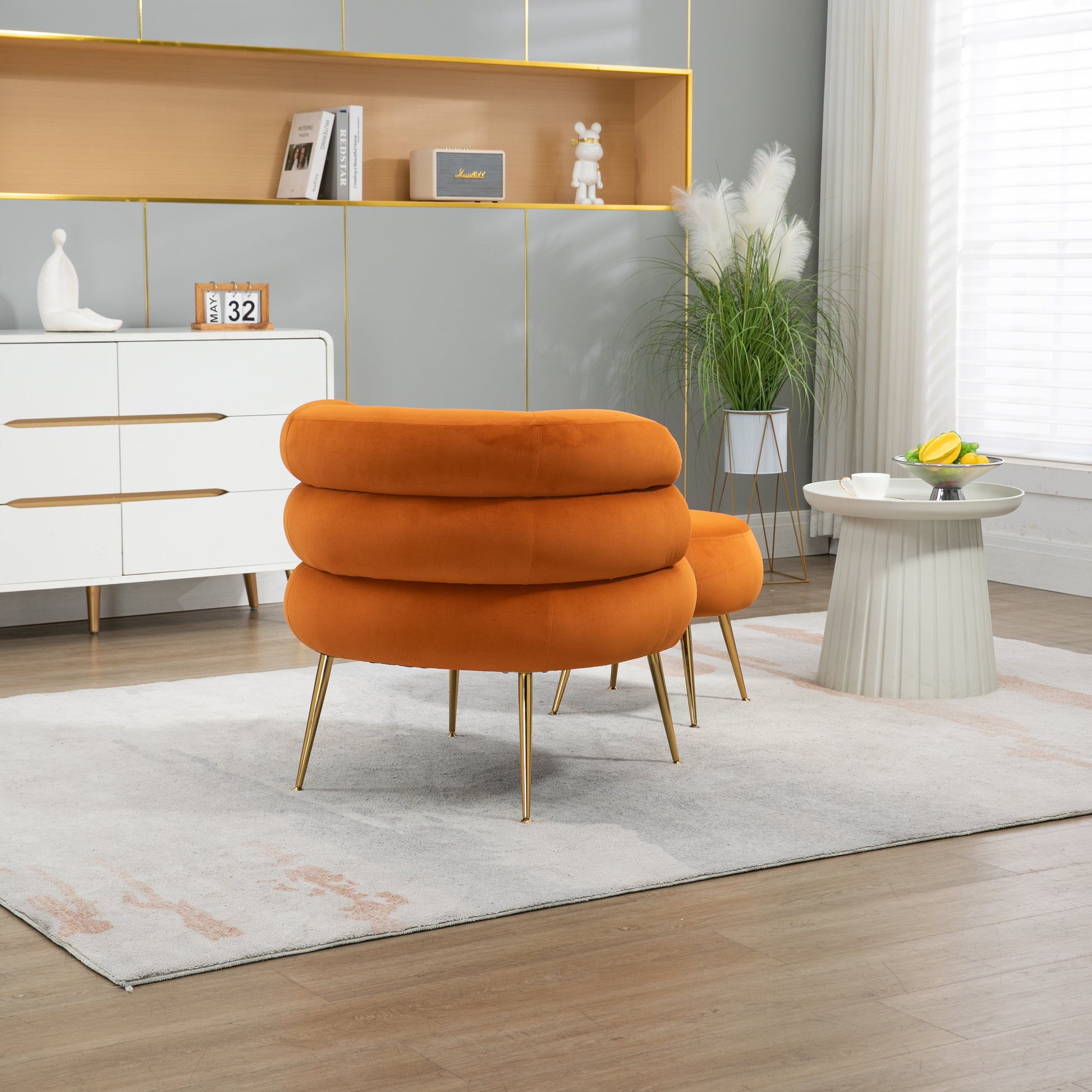 Coolmore Upholstered Velvet Barrel Accent Chair With Ottoman,Accent Comfy Lounge Arm Chair And Folding Footrest Stool Set,Single Sofa Armchair With Lounge Seat For Bedroom,Office Orange Orange Foam Velvet