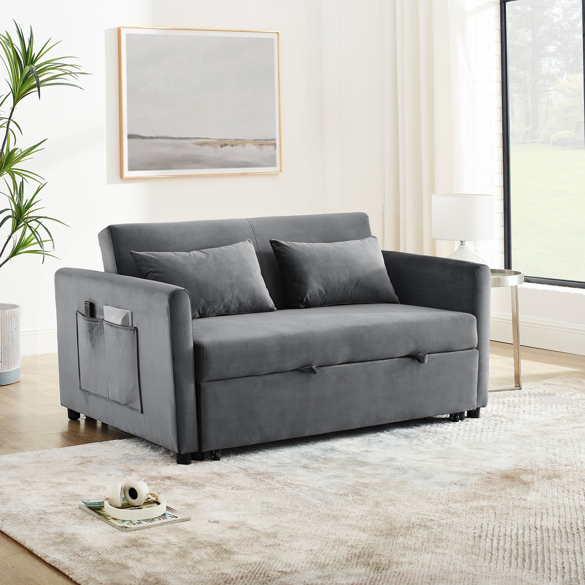 Convertible Sofa Bed, 3 In 1 Versatile Velvet Double Sofa With Pullout Bed, Seat With Adjustable Backrest, Lumbar Pillows, And Living Room Side Pockets, 54 Inch, Grey Light Brown Wood Primary Living Space Delicate Duty Eucalyptus 2 Seat Grey Velvet Soft