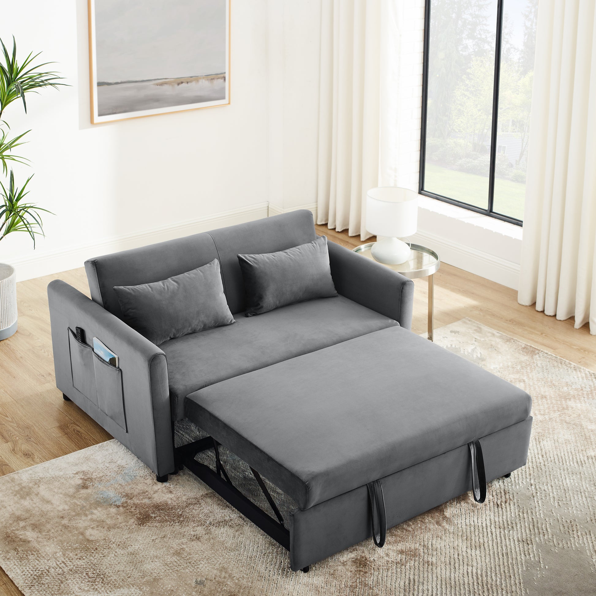 Convertible Sofa Bed, 3 In 1 Versatile Velvet Double Sofa With Pullout Bed, Seat With Adjustable Backrest, Lumbar Pillows, And Living Room Side Pockets, 54 Inch, Grey Light Brown Wood Primary Living Space Delicate Duty Eucalyptus 2 Seat Grey Velvet Soft