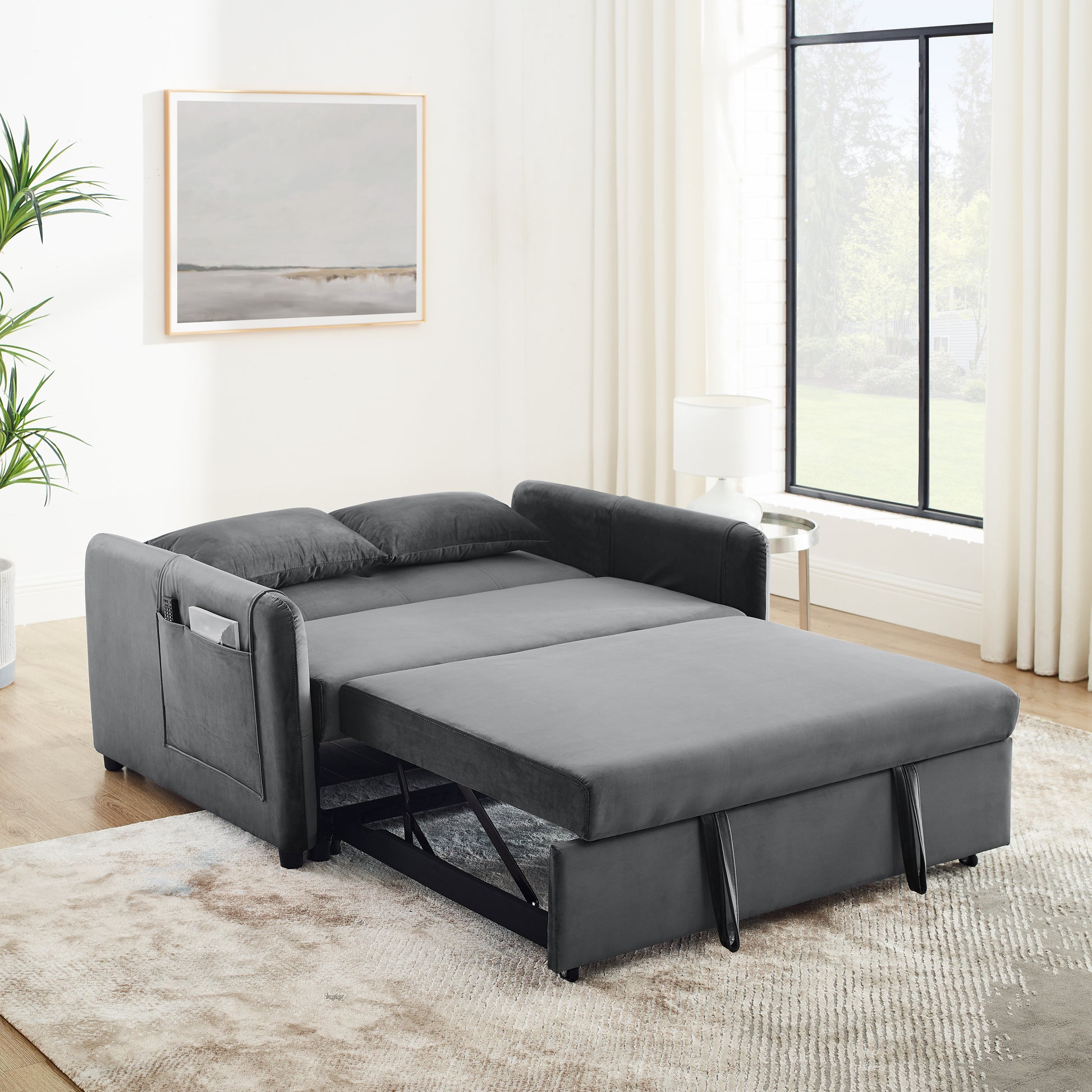 Convertible Sofa Bed, 3 In 1 Versatile Velvet Double Sofa With Pullout Bed, Seat With Adjustable Backrest, Lumbar Pillows, And Living Room Side Pockets, 54 Inch, Grey Brown Wood Primary Living Space Delicate Duty Eucalyptus 2 Seat Grey Velvet Soft Pillow