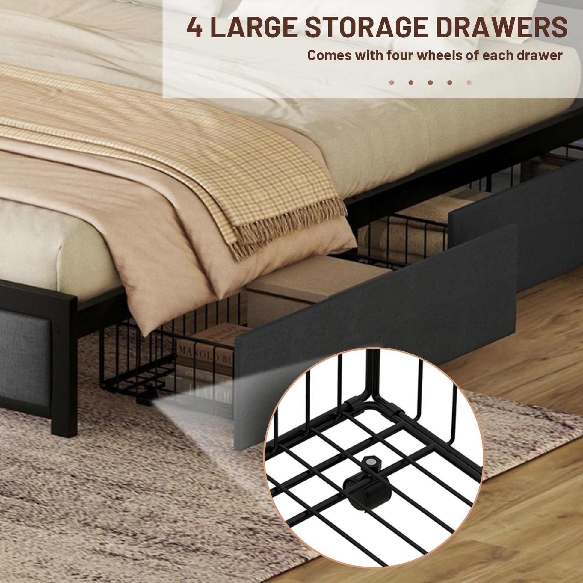 Queen Bed Frame With Led Headboard, Upholstered Bed With 4 Storage Drawers And Usb Ports, Dark Grey Queen Dark Gray Linen