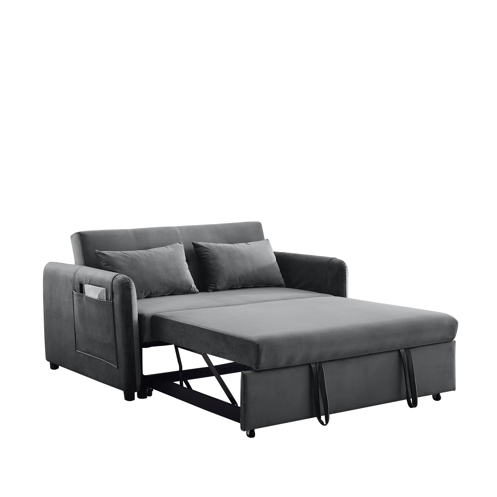 Convertible Sofa Bed, 3 In 1 Versatile Velvet Double Sofa With Pullout Bed, Seat With Adjustable Backrest, Lumbar Pillows, And Living Room Side Pockets, 54 Inch, Grey Brown Wood Primary Living Space Delicate Duty Eucalyptus 2 Seat Grey Velvet Soft Pillow