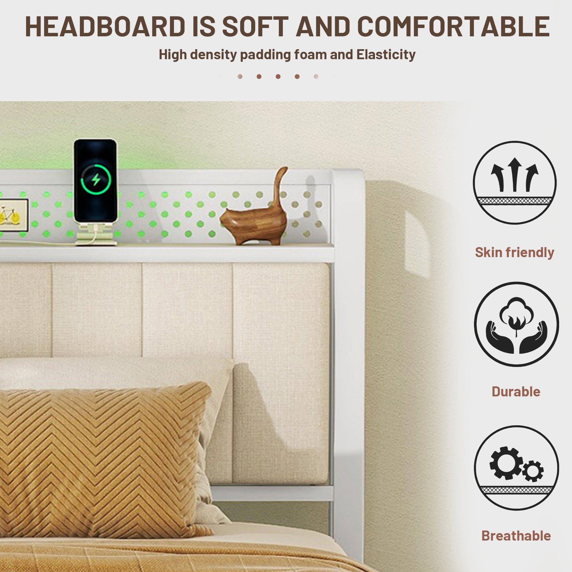 Queen Bed Frame With Led Headboard, Upholstered Bed With 4 Storage Drawers And Usb Ports, Beige Queen Beige Linen