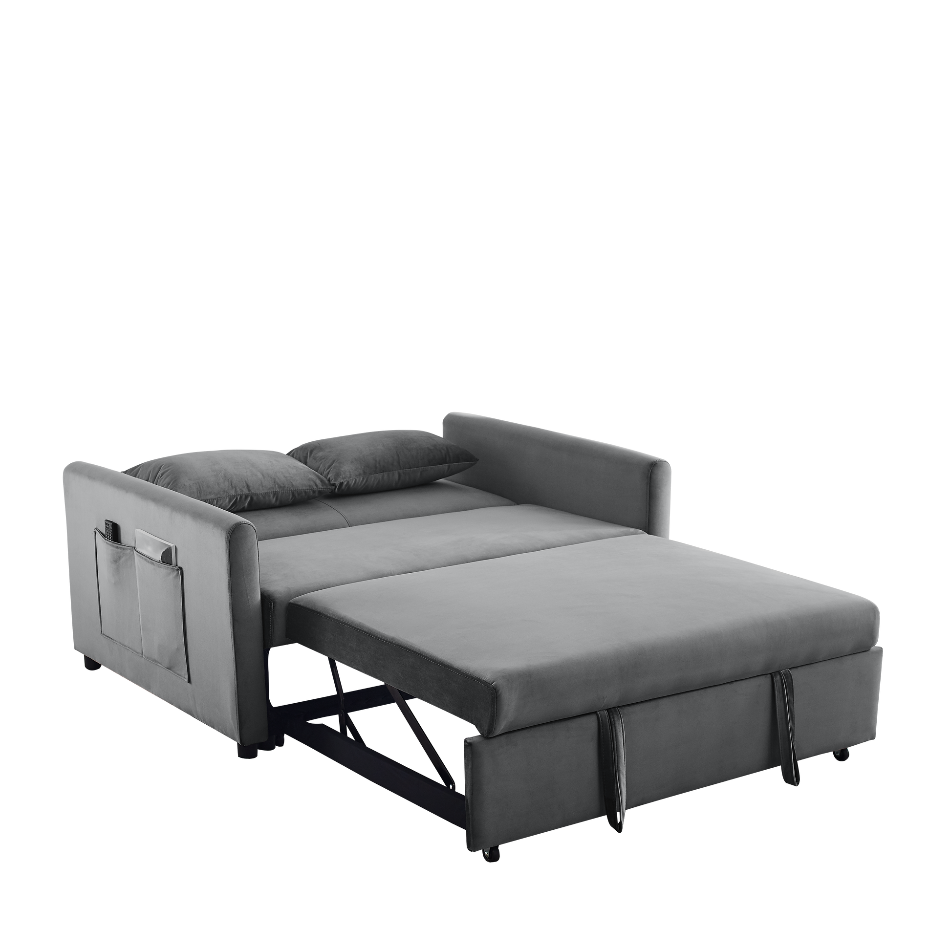 Convertible Sofa Bed, 3 In 1 Versatile Velvet Double Sofa With Pullout Bed, Seat With Adjustable Backrest, Lumbar Pillows, And Living Room Side Pockets, 54 Inch, Grey Light Brown Wood Primary Living Space Delicate Duty Eucalyptus 2 Seat Grey Velvet Soft