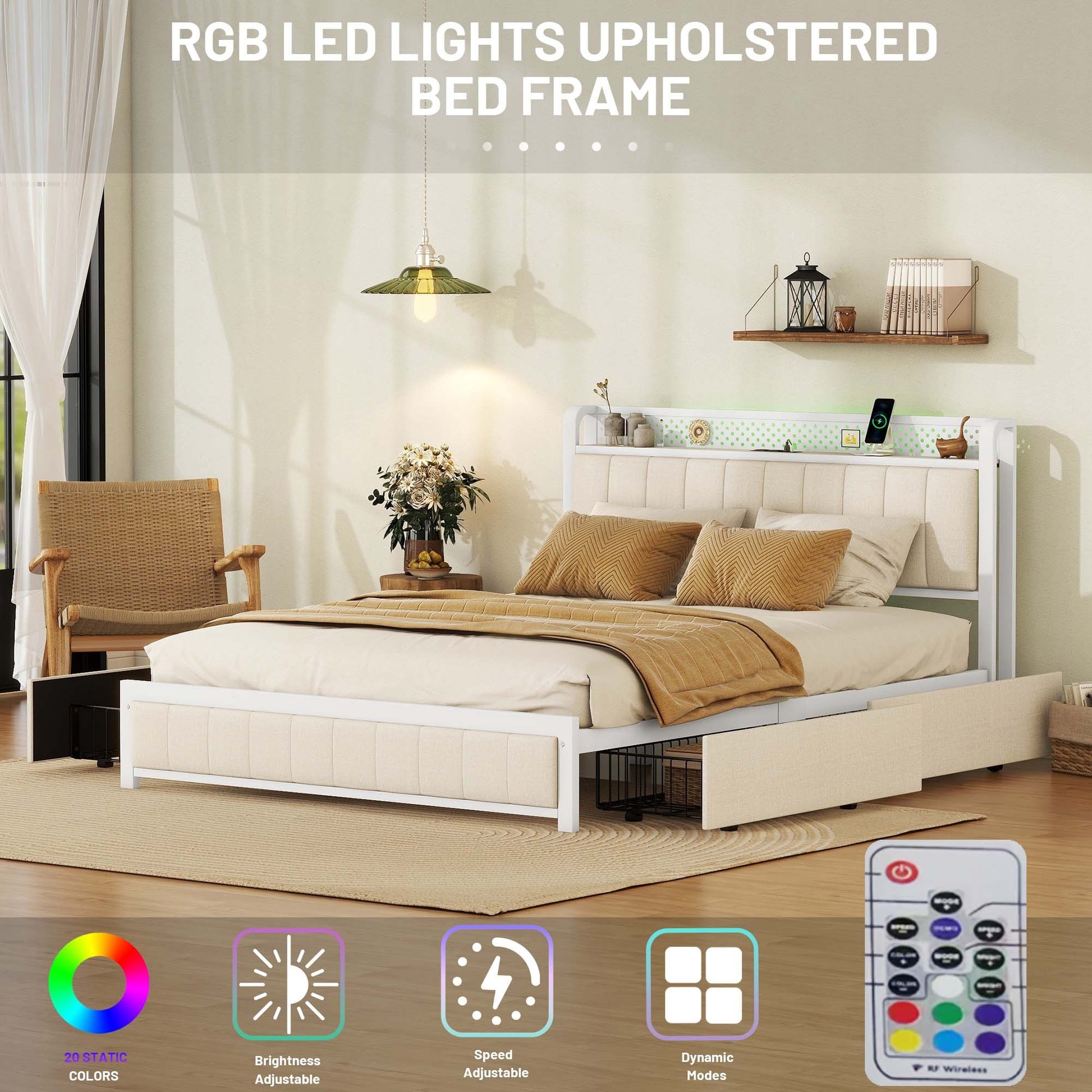 Queen Bed Frame With Led Headboard, Upholstered Bed With 4 Storage Drawers And Usb Ports, Beige Queen Beige Linen