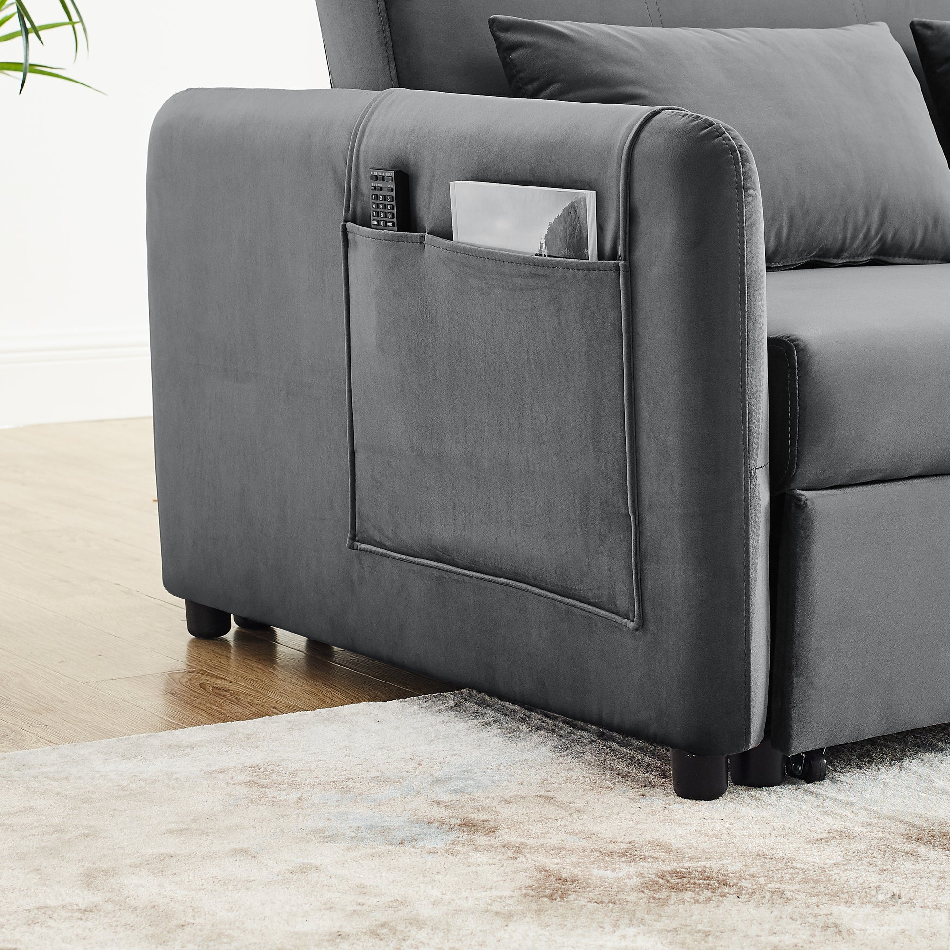 Convertible Sofa Bed, 3 In 1 Versatile Velvet Double Sofa With Pullout Bed, Seat With Adjustable Backrest, Lumbar Pillows, And Living Room Side Pockets, 54 Inch, Grey Brown Wood Primary Living Space Delicate Duty Eucalyptus 2 Seat Grey Velvet Soft Pillow