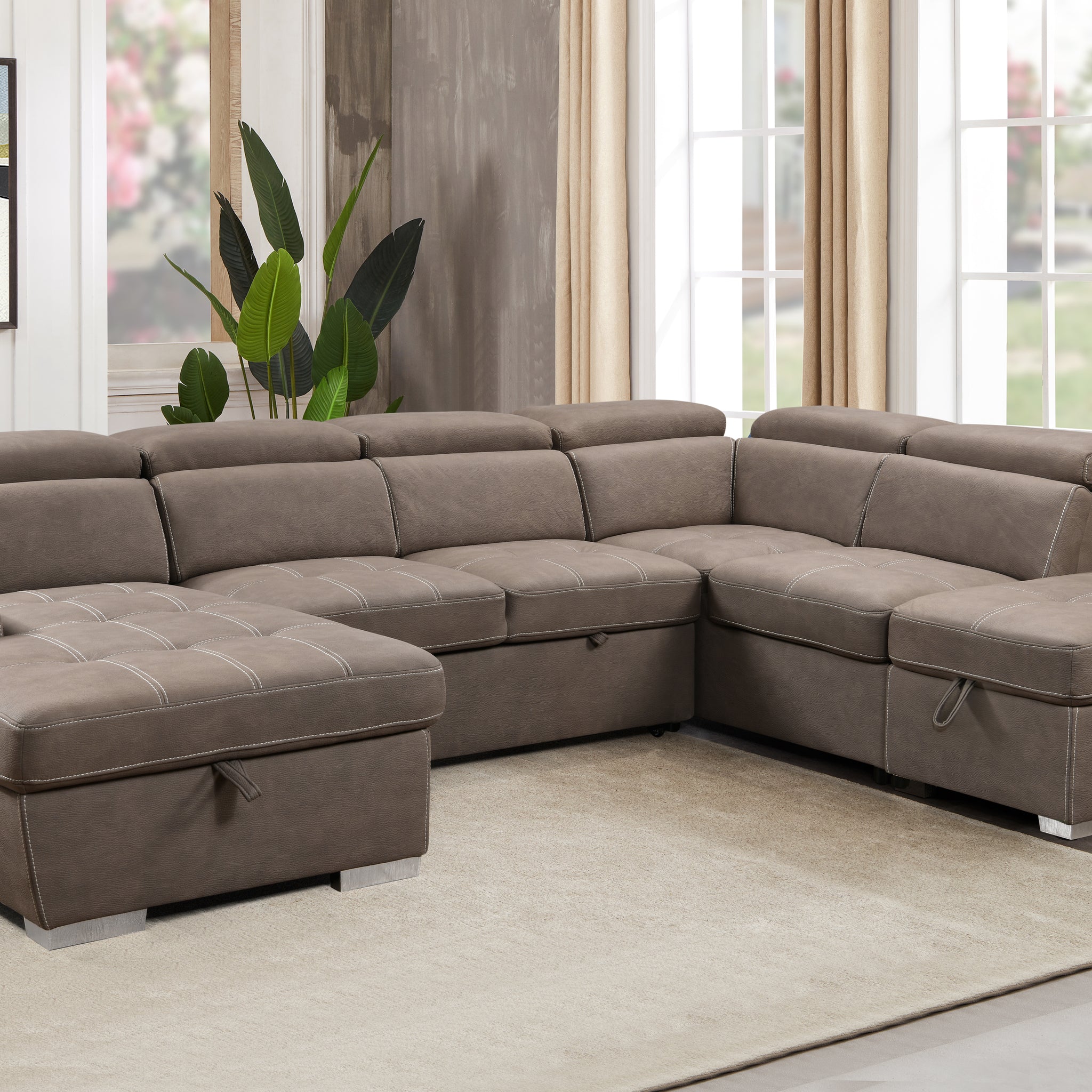 128"Sofa U Shaped Sectional Couch With Ottomans Reversible Modular Sofa 7 Seater Couch With Storage Seat,Living Room Furniture Sofa Sets With Adjustable Headrest, Brown Brown Microfiber Wood Primary Living Space Soft Modern Foam Upholstered 7 Seat