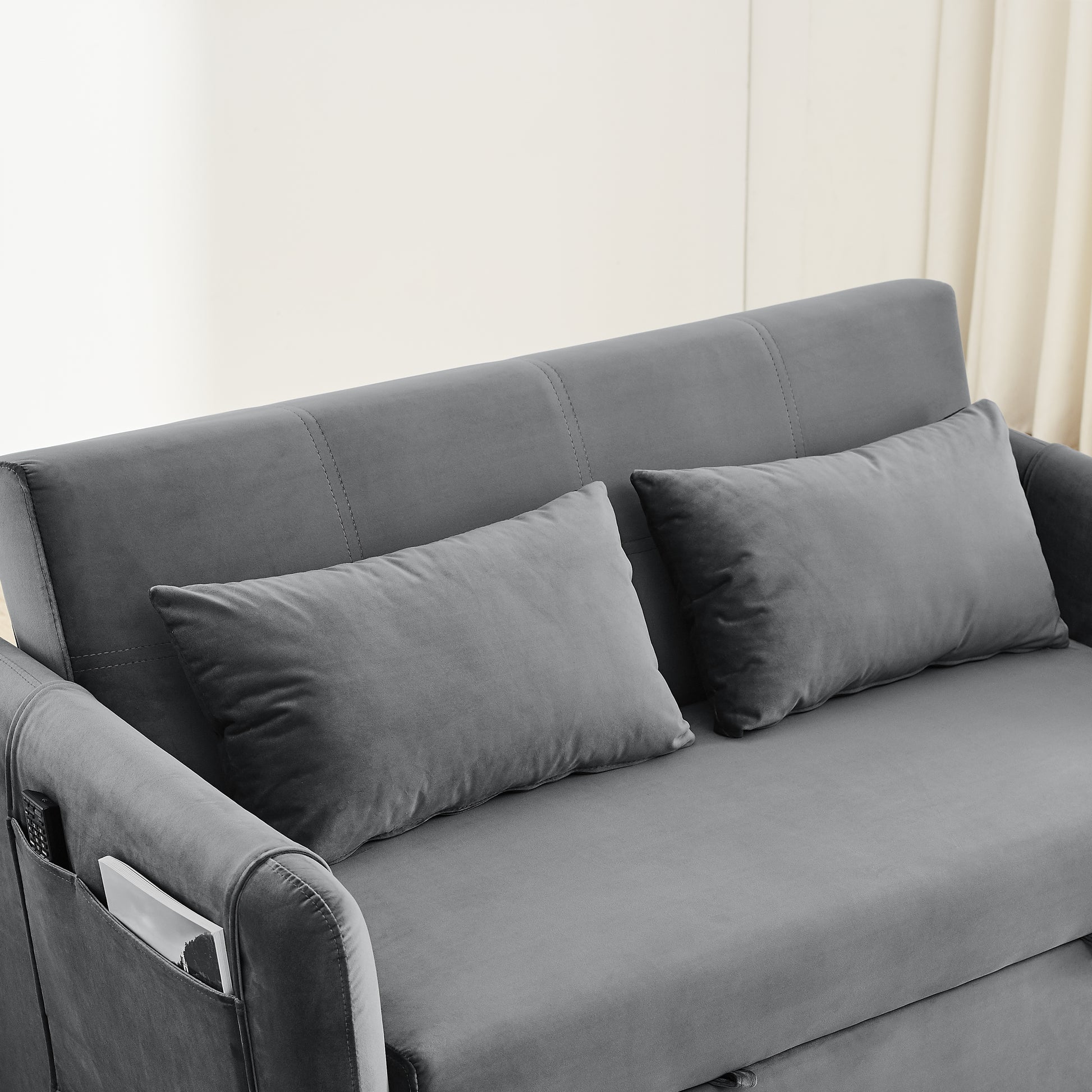 Convertible Sofa Bed, 3 In 1 Versatile Velvet Double Sofa With Pullout Bed, Seat With Adjustable Backrest, Lumbar Pillows, And Living Room Side Pockets, 54 Inch, Grey Brown Wood Primary Living Space Delicate Duty Eucalyptus 2 Seat Grey Velvet Soft Pillow
