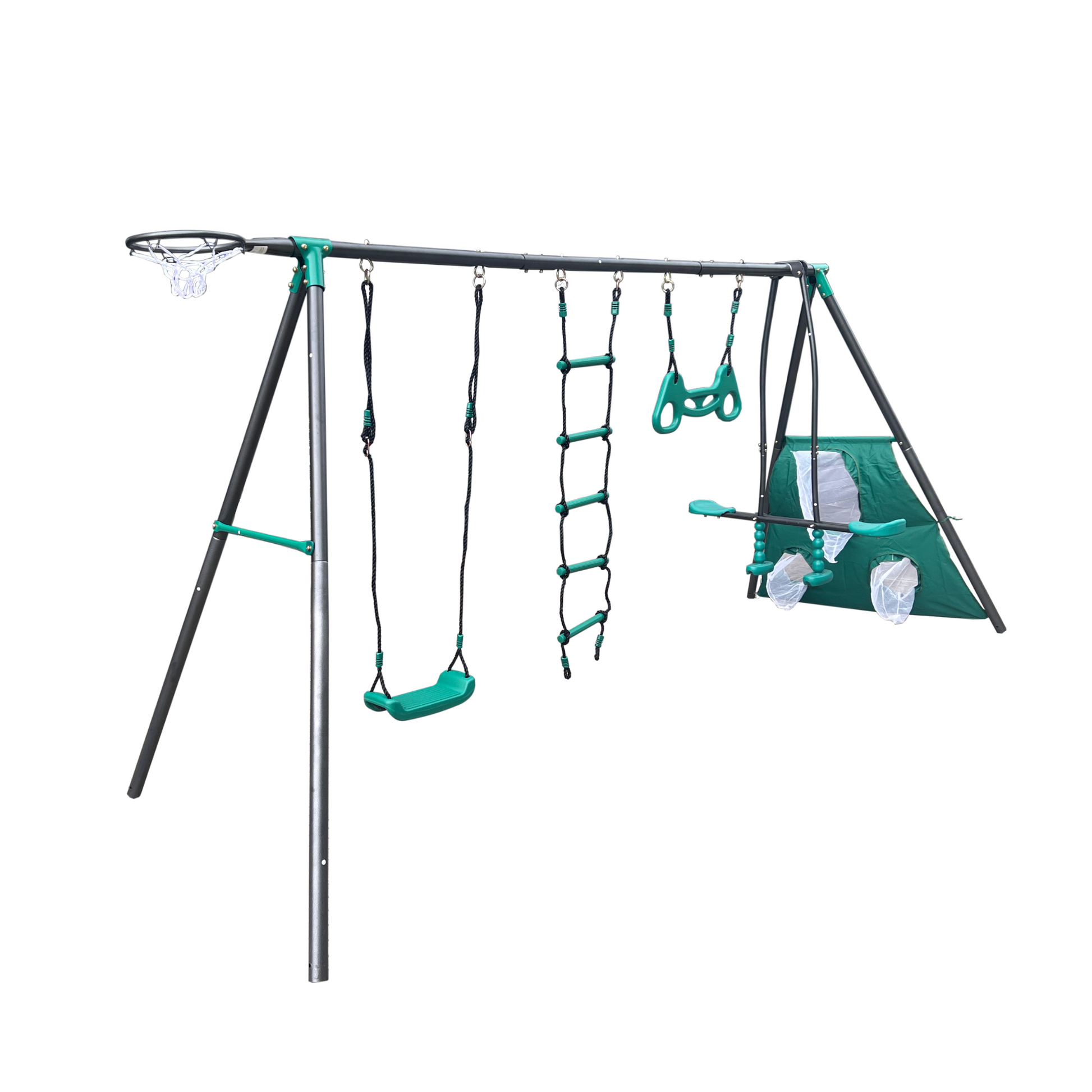 Xns076 Blackish Green Interesting Four Function Swingset With Face To Face Metal Plastic Safe Swing Seat 550Lbs For Outdoor Playground For Age 3 Blackish Green Steel