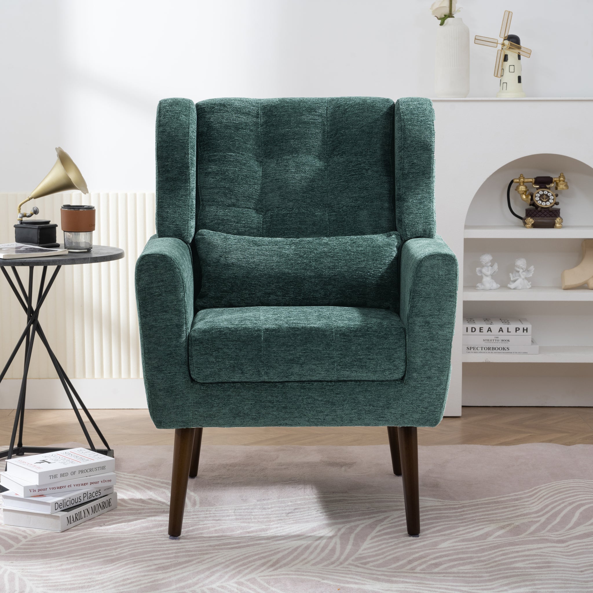 Modern Accent Chair,Chenille Arm Chairs For Living Room,Upholstered Mordern Armchair,Comfy Soft Padded Lounge Chair In Small Space, Bedroom, W Pillow, Solid Wood Leg Blackish Green Blackish Green Light Brown Primary Living Space Modern Rubberwood Foam