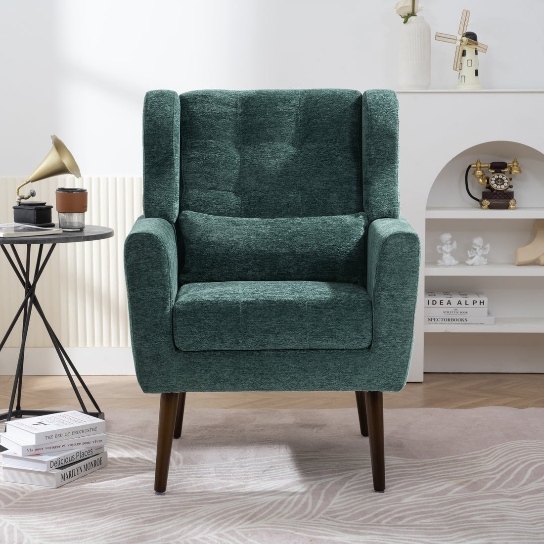 Modern Accent Chair,Chenille Arm Chairs For Living Room,Upholstered Mordern Armchair,Comfy Soft Padded Lounge Chair In Small Space, Bedroom, W Pillow, Solid Wood Leg Blackish Green Blackish Green Light Brown Primary Living Space Modern Rubberwood Foam